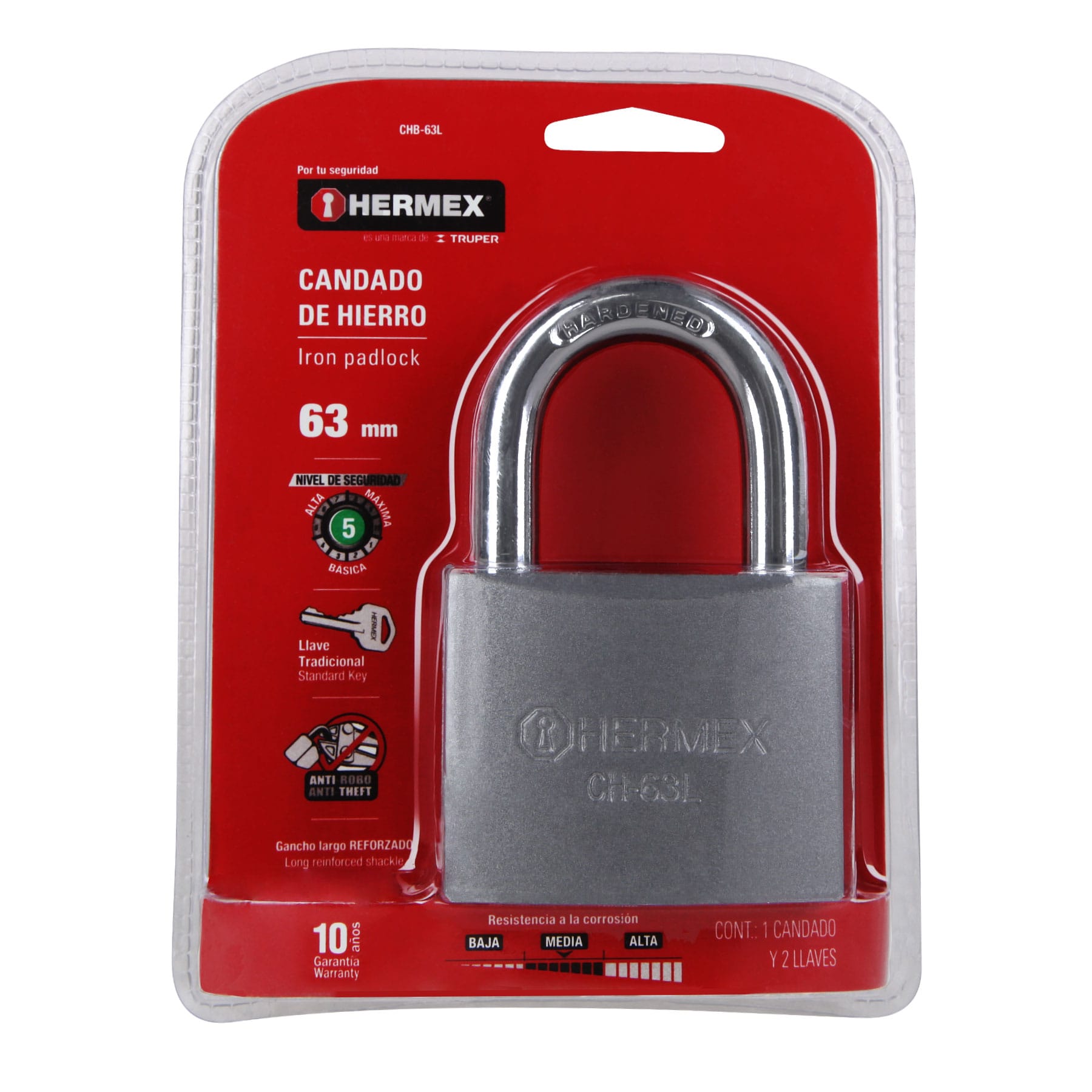 Candado de hierro 63 mm, gancho largo en blíster, HERMEX
