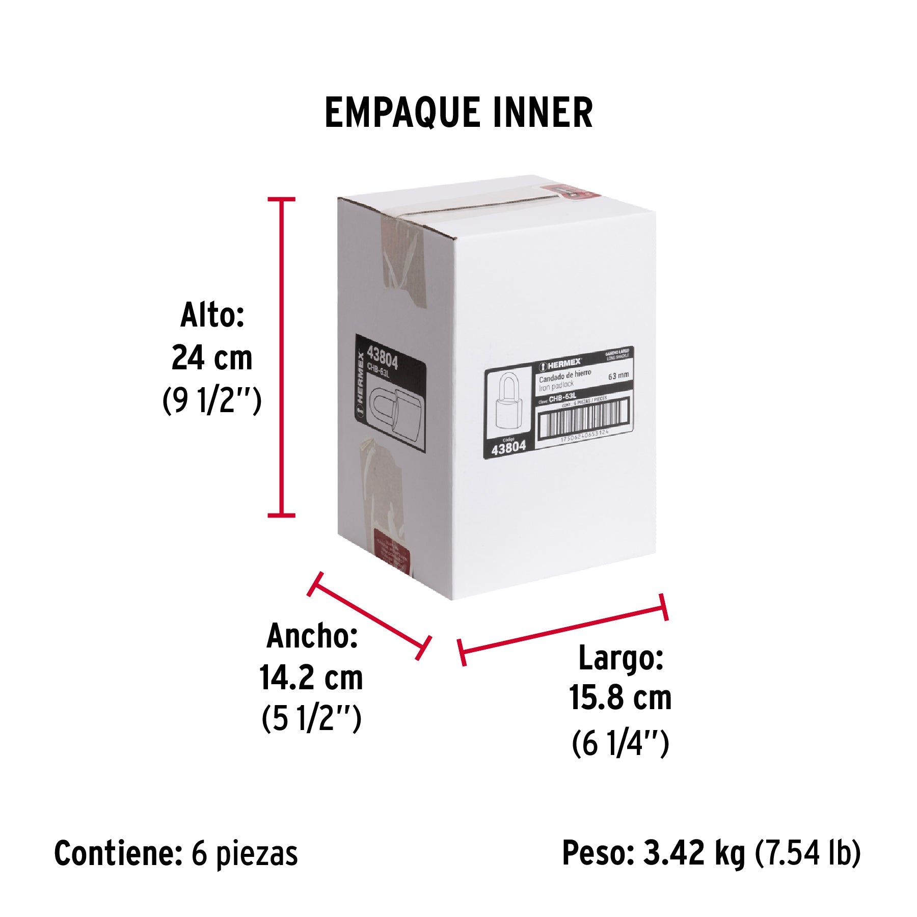 Candado de hierro 63 mm, gancho largo en blíster, HERMEX - Empaque