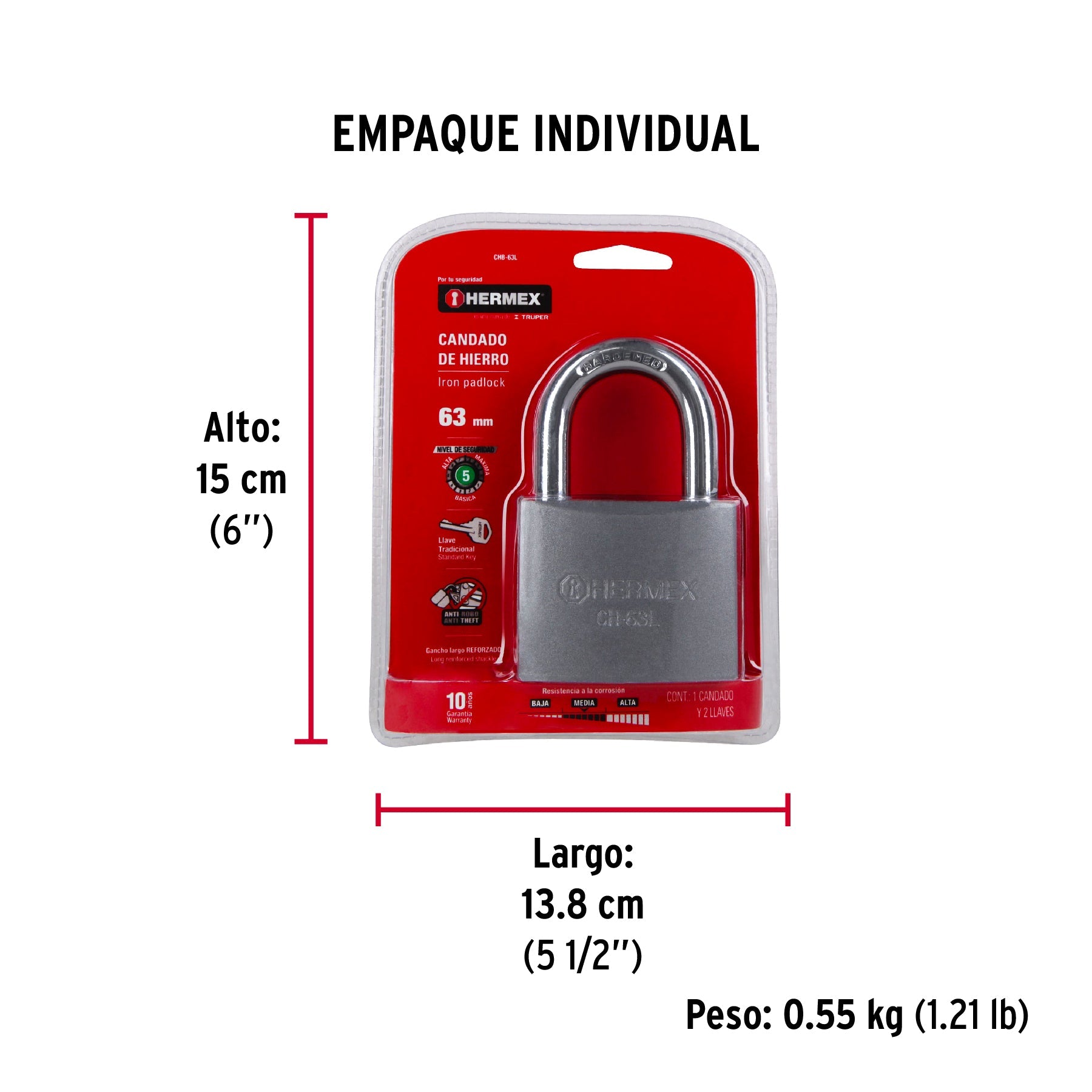 Candado de hierro 63 mm, gancho largo en blíster, HERMEX - Empaque