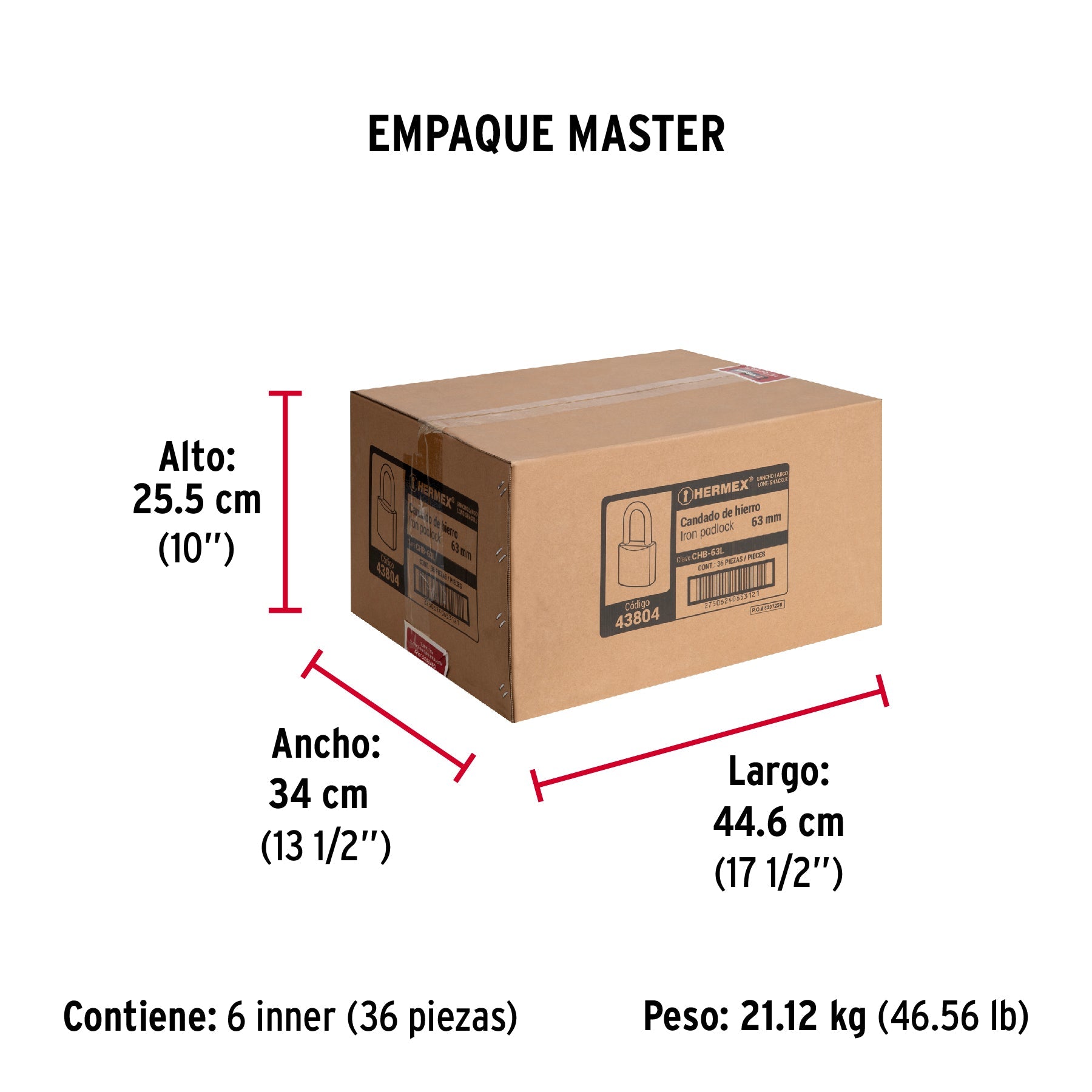 Candado de hierro 63 mm, gancho largo en blíster, HERMEX - Empaque