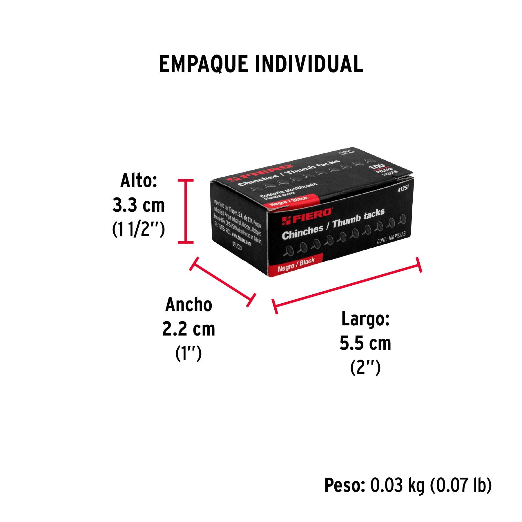 Caja con 100 chinches negras, FIERO - Empaque