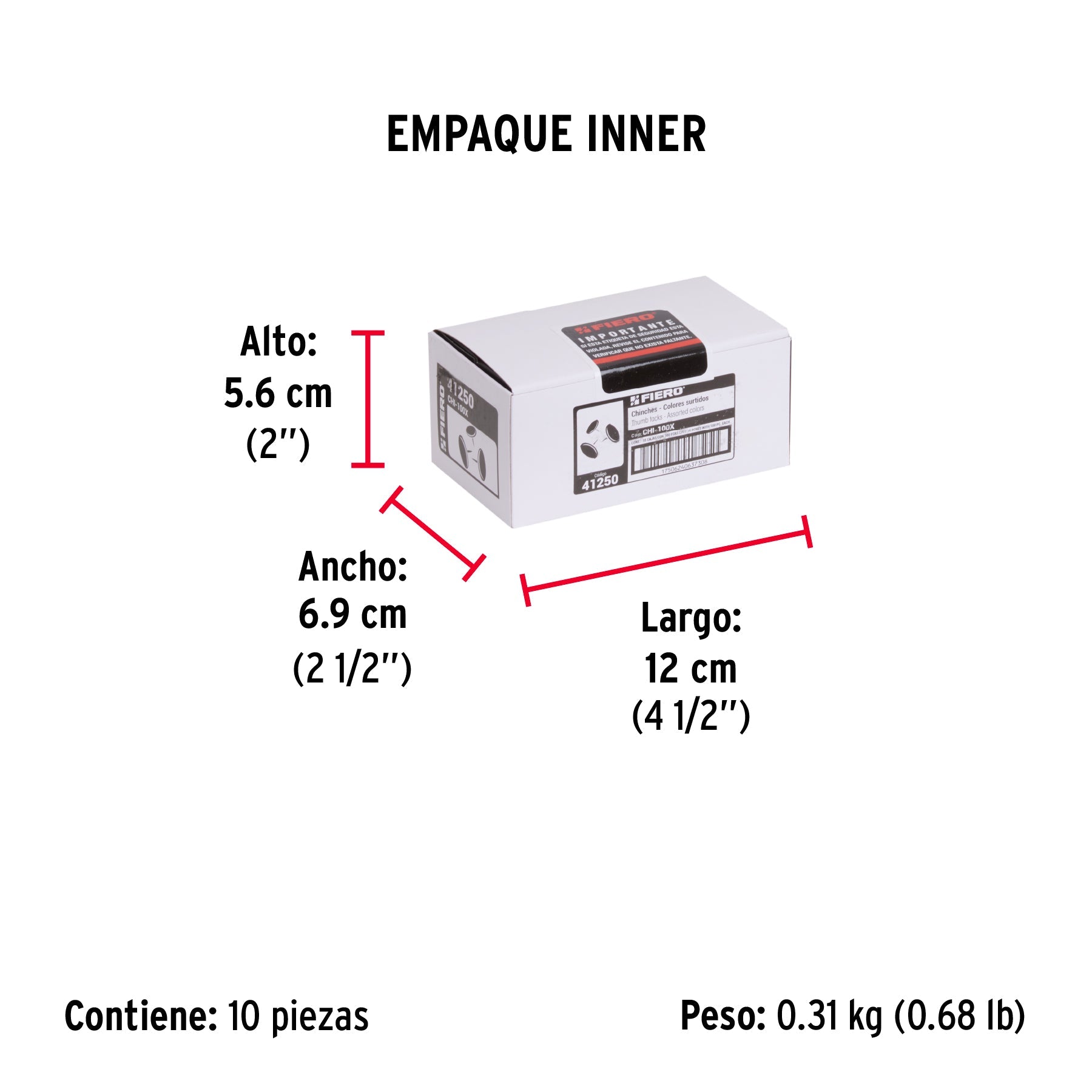 Caja con 100 chinches en 10 colores surtidos, FIERO - Empaque