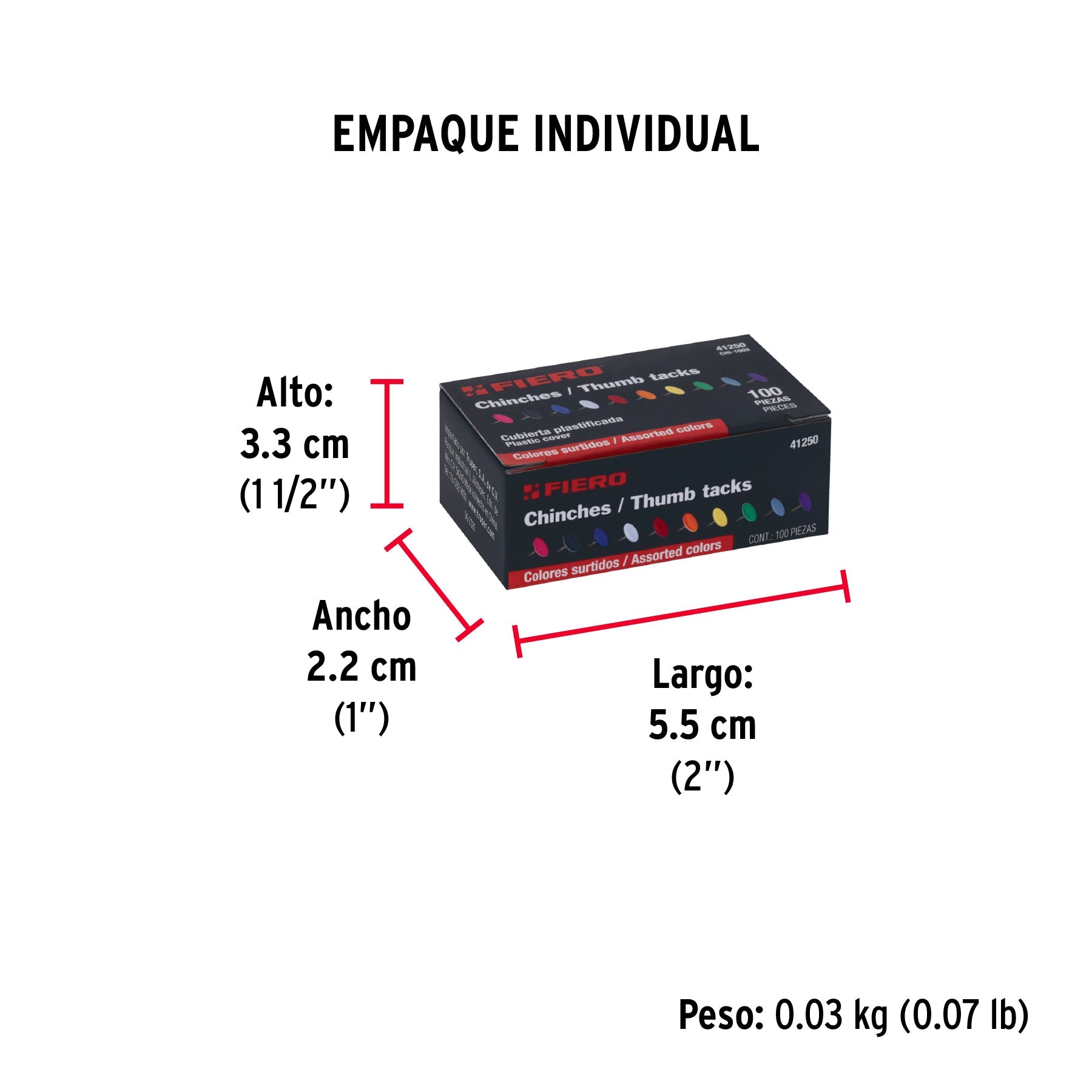 Caja con 100 chinches en 10 colores surtidos, FIERO - Empaque