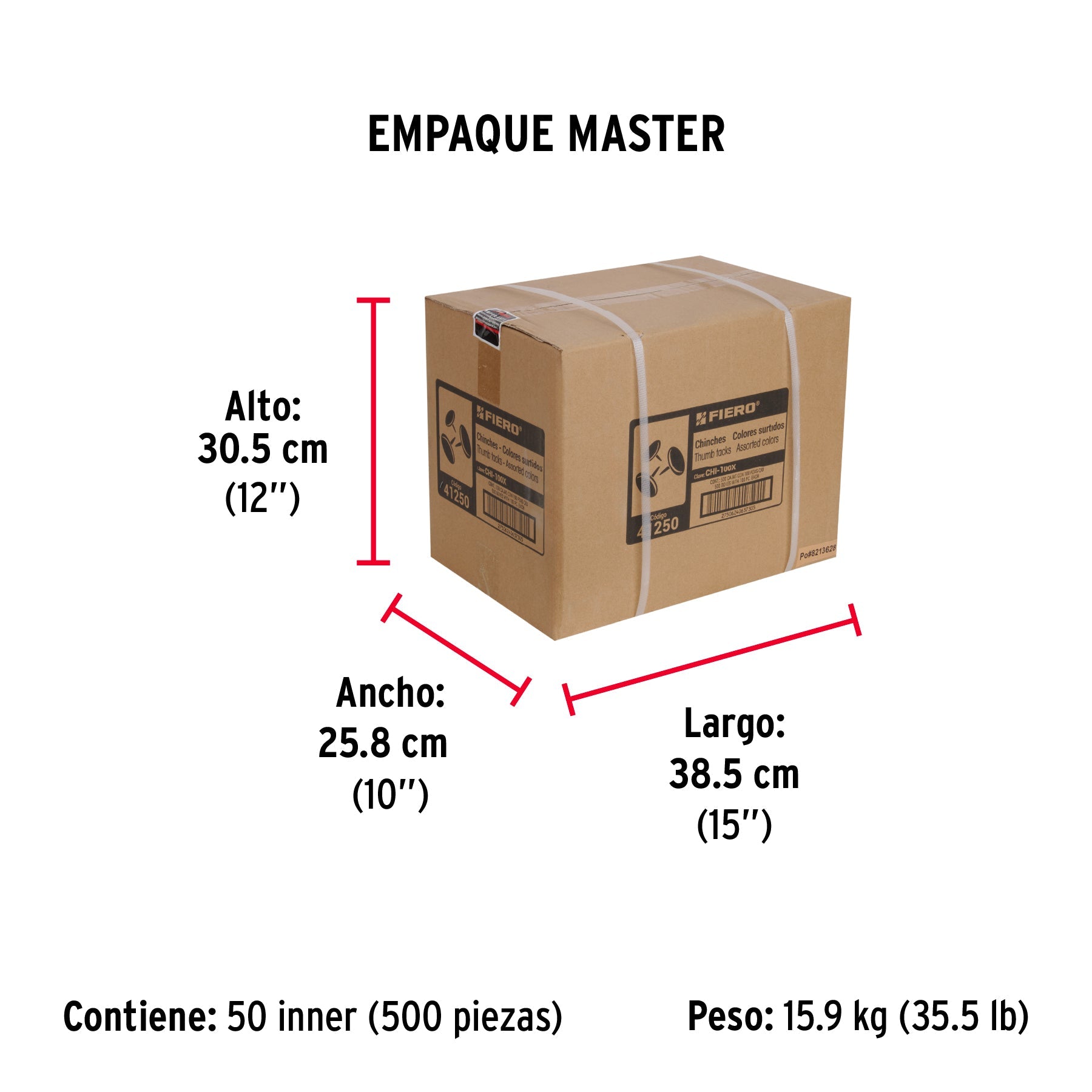 Caja con 100 chinches en 10 colores surtidos, FIERO - Empaque