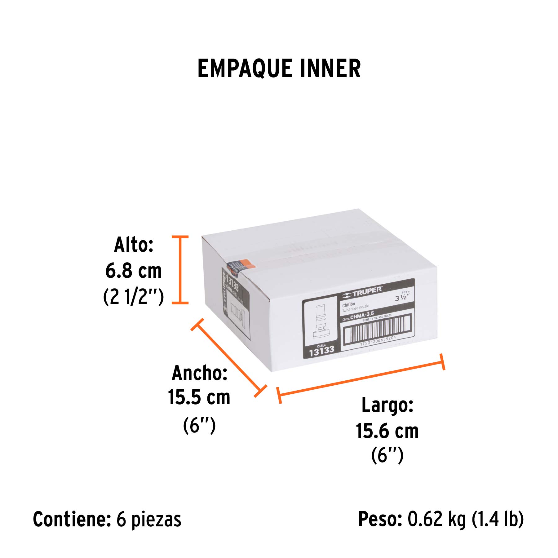 Chiflón 3-1/2" de latón maquinado para manguera, TRUPER - Empaque