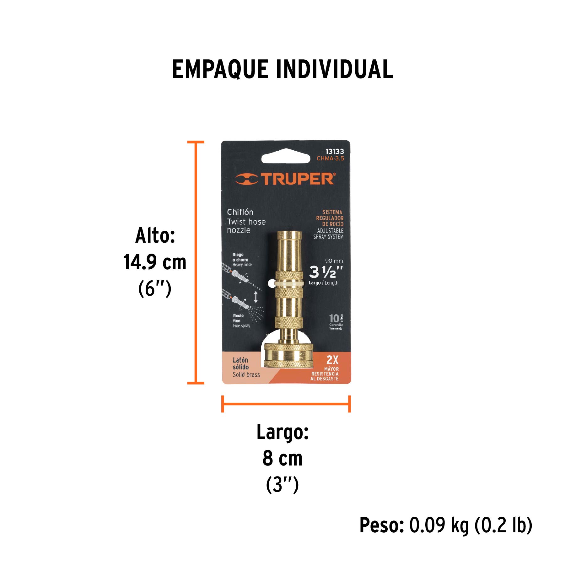 Chiflón 3-1/2" de latón maquinado para manguera, TRUPER - Empaque