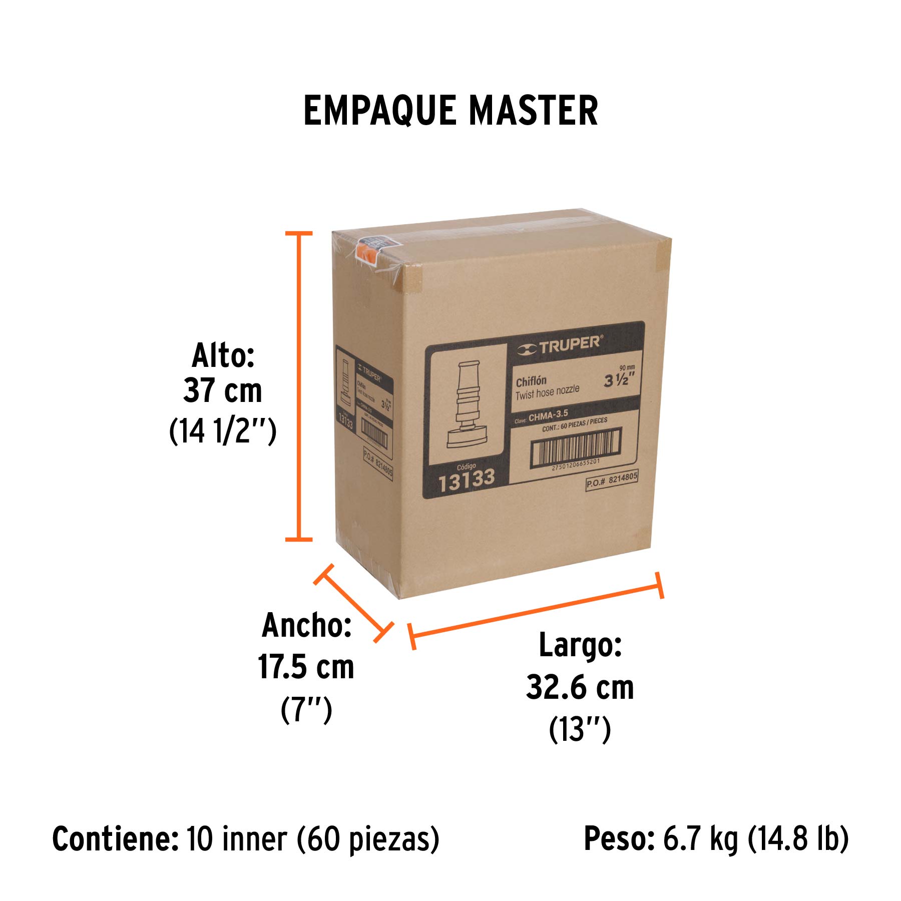 Chiflón 3-1/2" de latón maquinado para manguera, TRUPER - Empaque