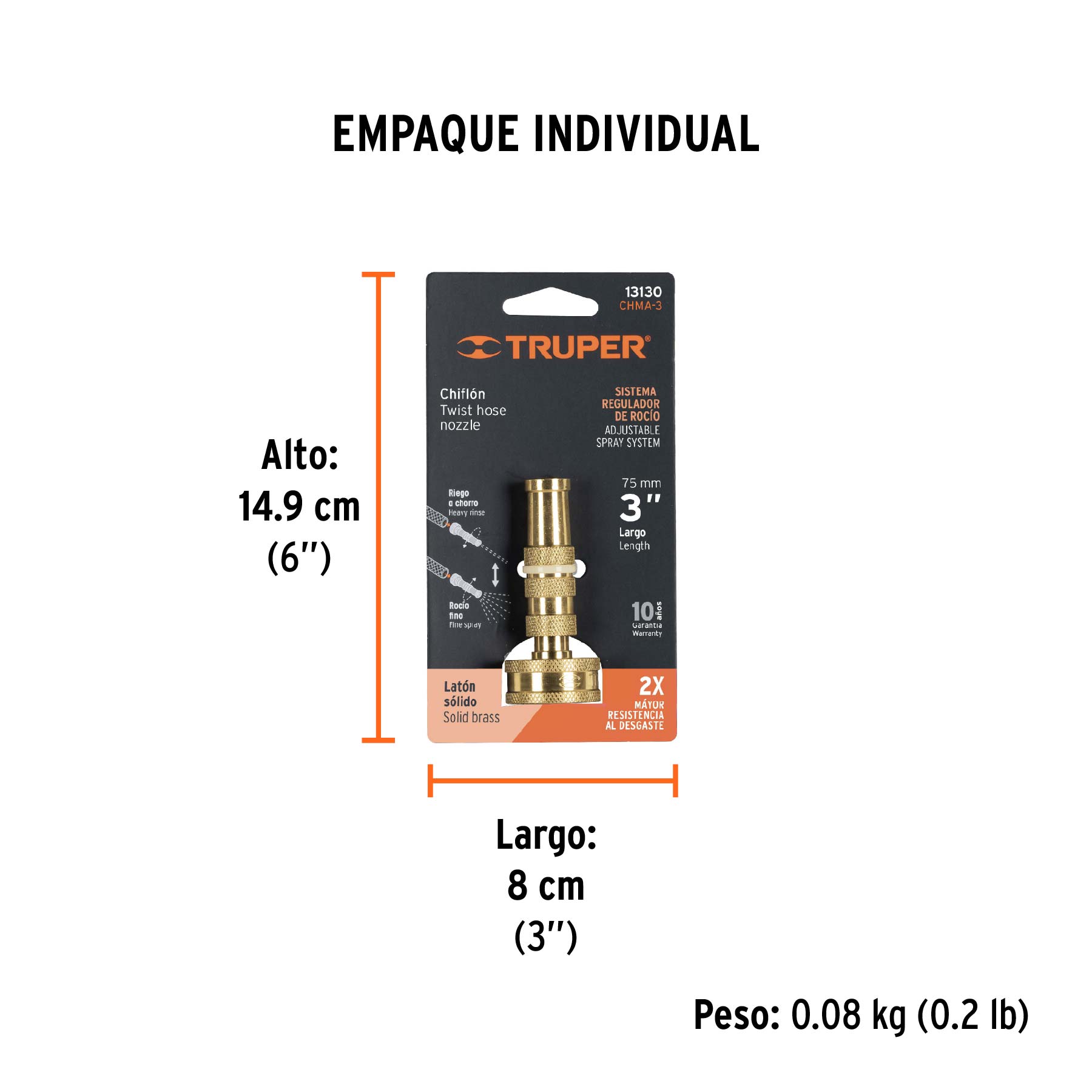 Chiflón 3" de latón maquinado para manguera, TRUPER - Empaque