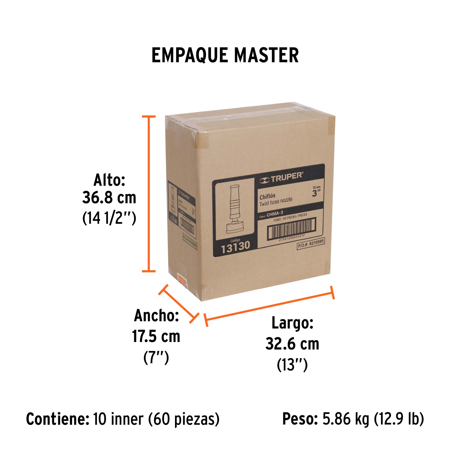 Chiflón 3" de latón maquinado para manguera, TRUPER - Empaque