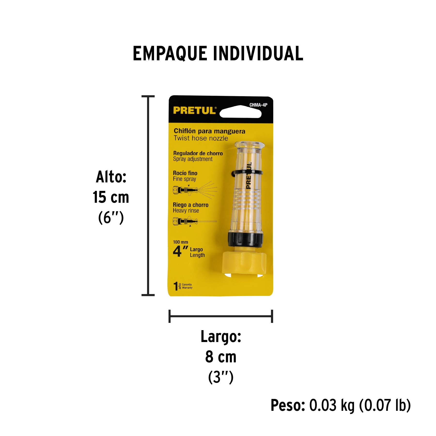 Chiflón 4" de plástico para manguera, PRETUL - Empaque