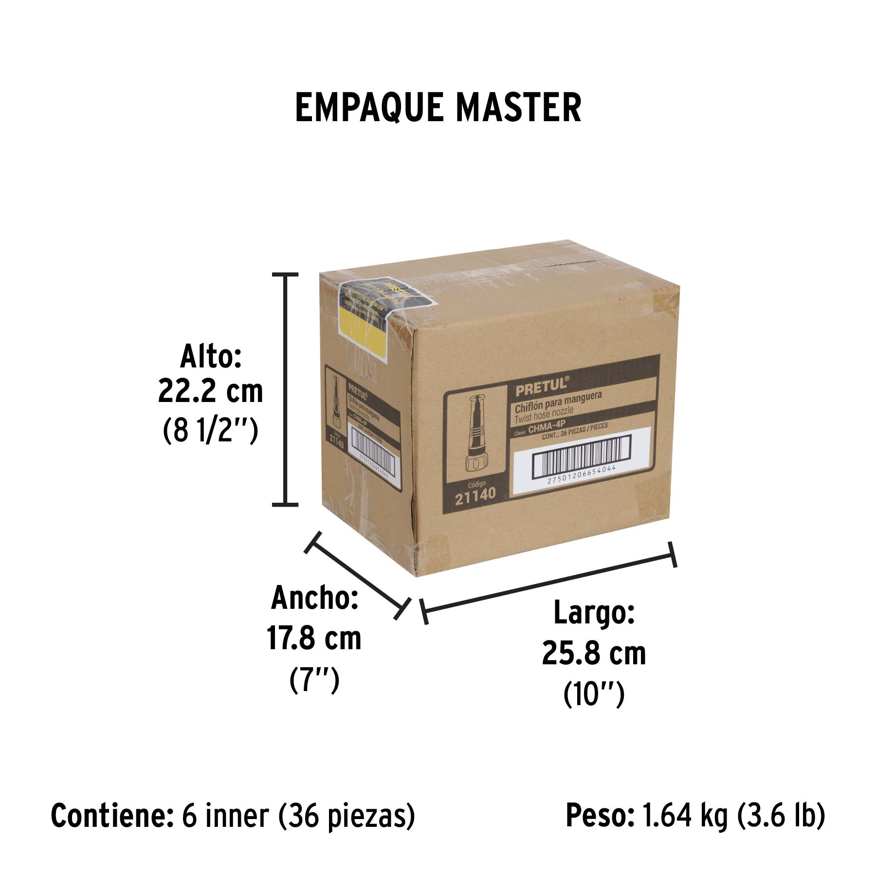 Chiflón 4" de plástico para manguera, PRETUL - Empaque