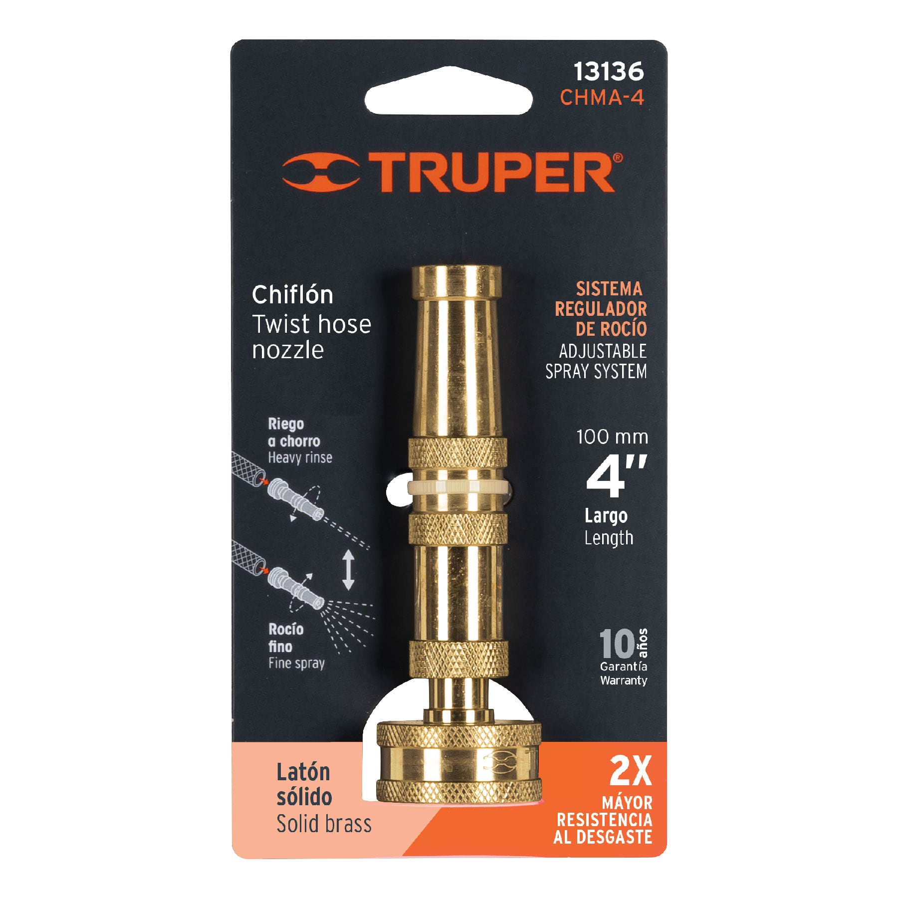 Chiflón 4" de latón maquinado para manguera, TRUPER