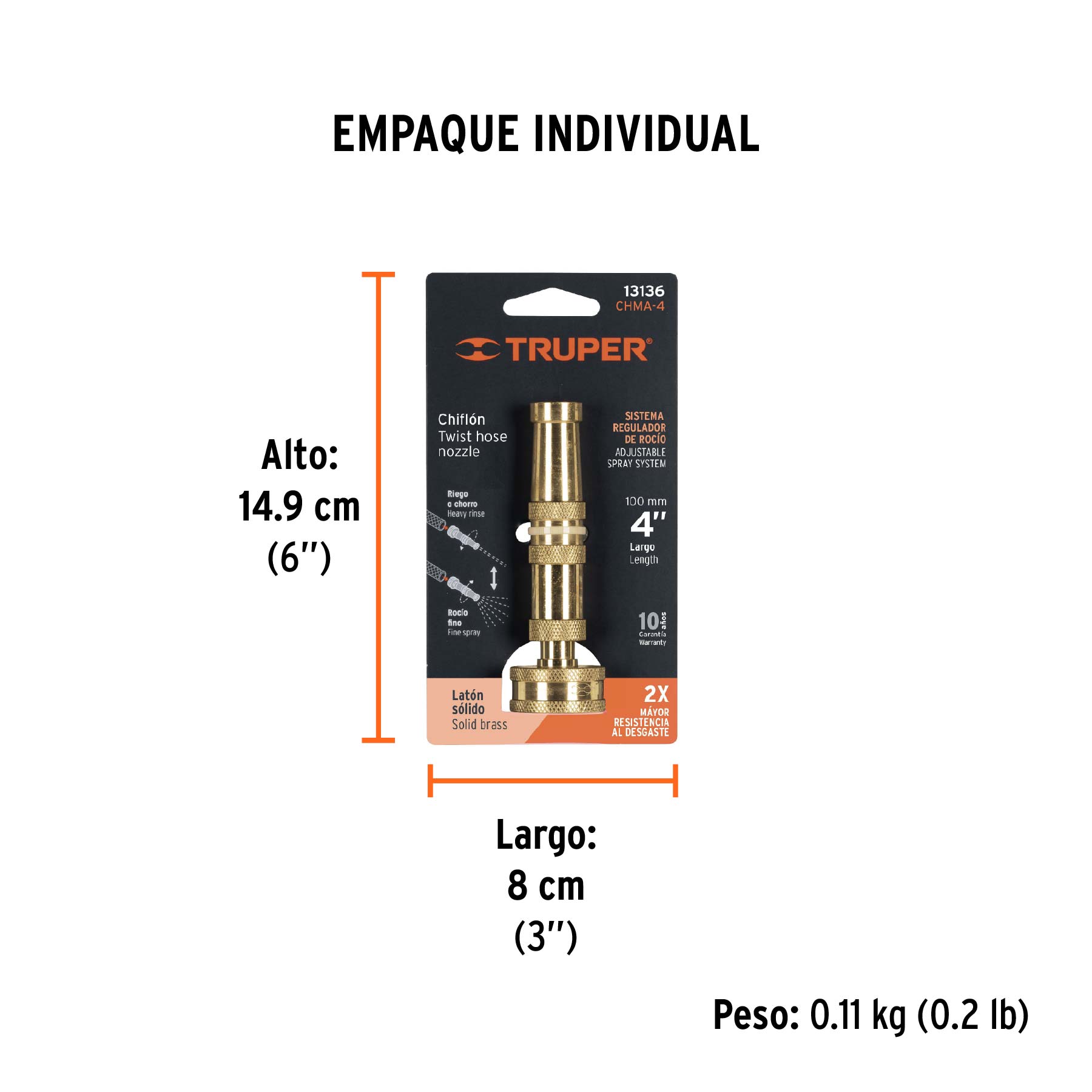 Chiflón 4" de latón maquinado para manguera, TRUPER - Empaque