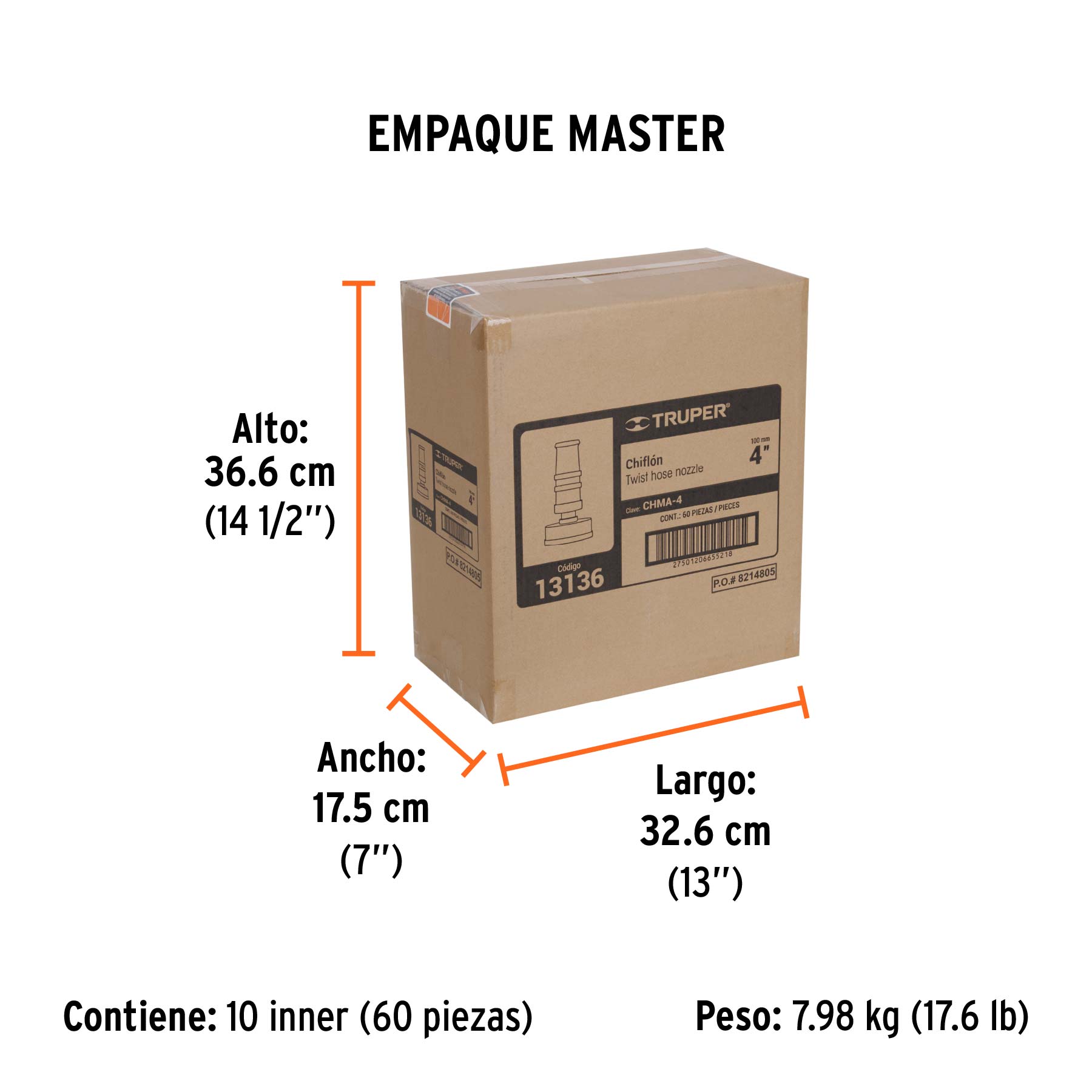Chiflón 4" de latón maquinado para manguera, TRUPER - Empaque