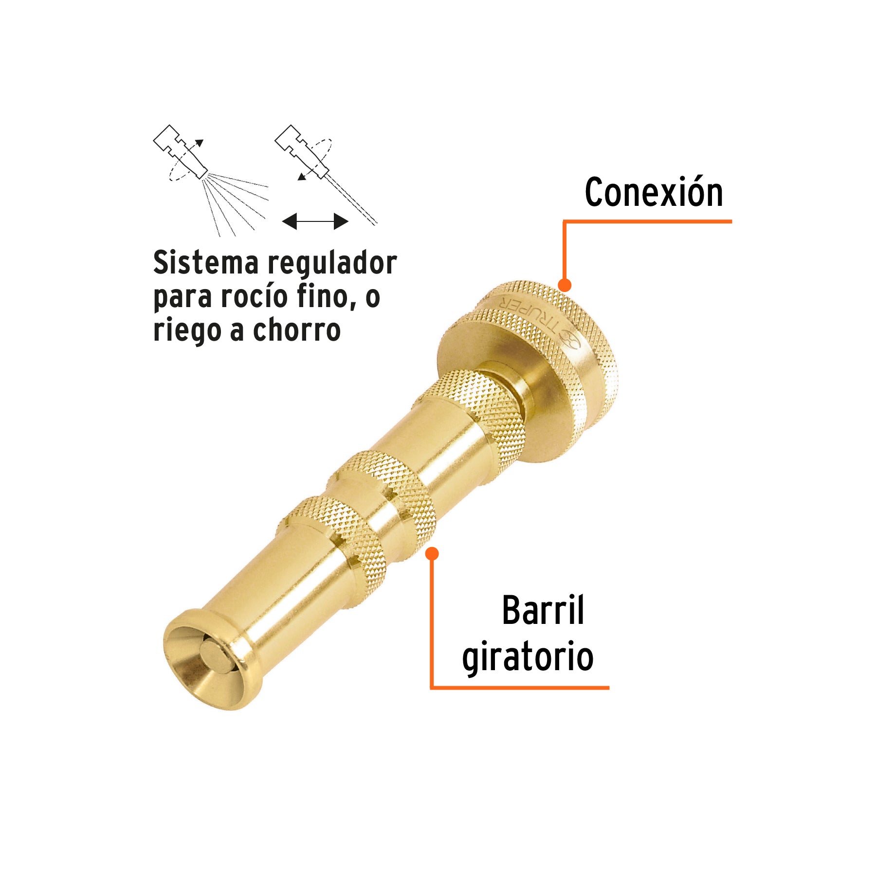 Chiflón 4" de latón maquinado para manguera, TRUPER