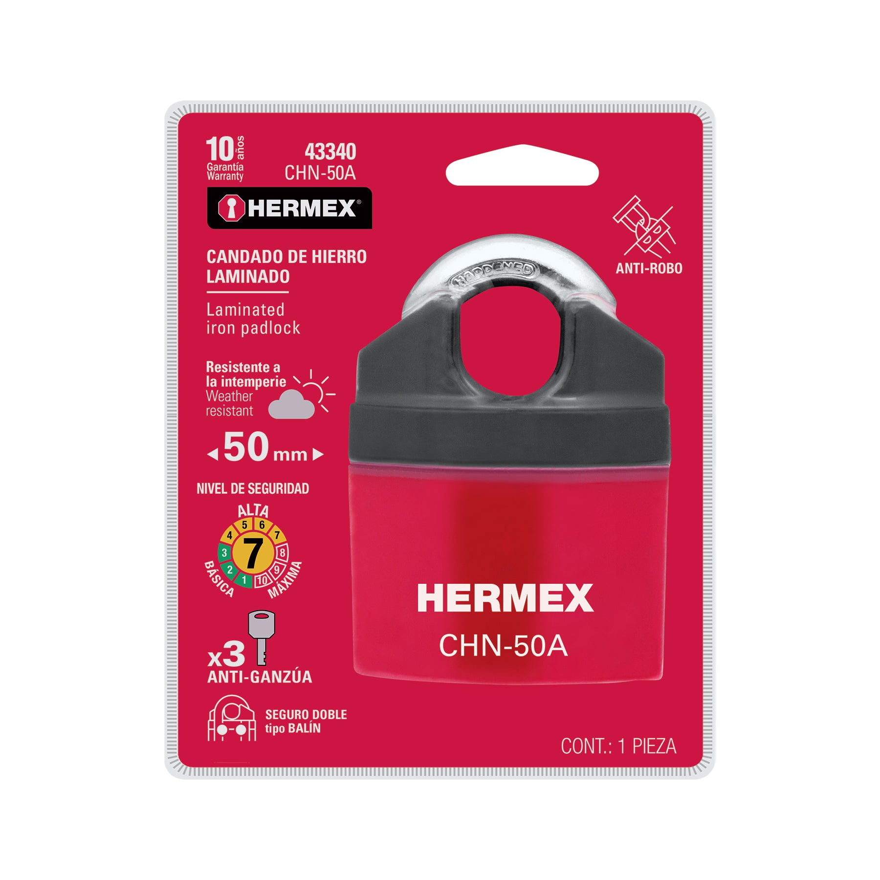 Candado de hierro 50 mm, gancho protegido, llave de disco