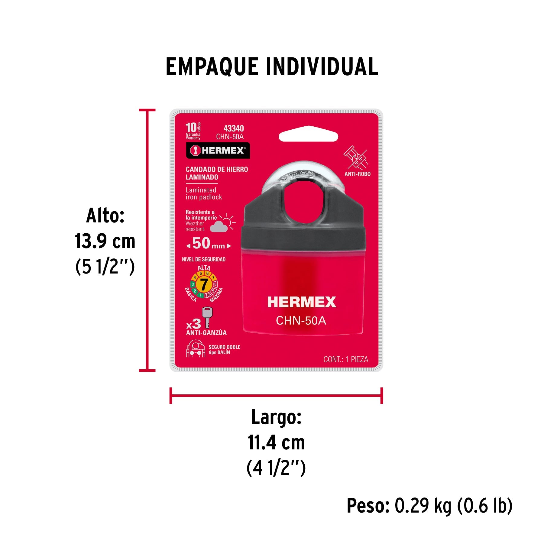 Candado de hierro 50 mm, gancho protegido, llave de disco - Empaque