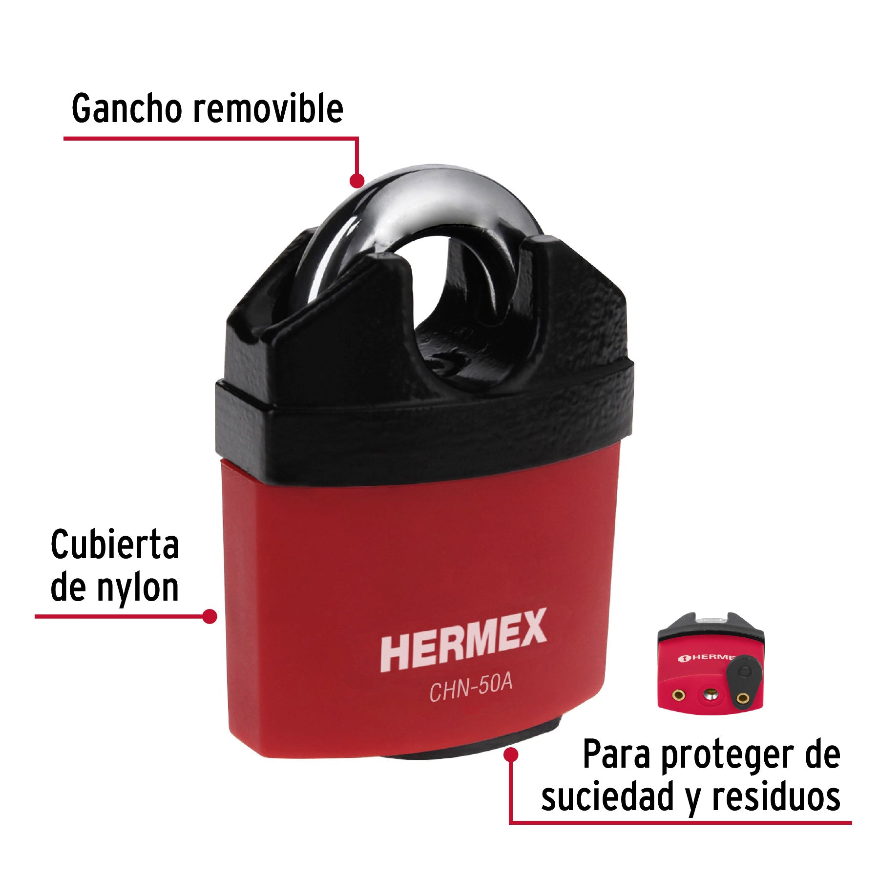 Candado de hierro 50 mm, gancho protegido, llave de disco
