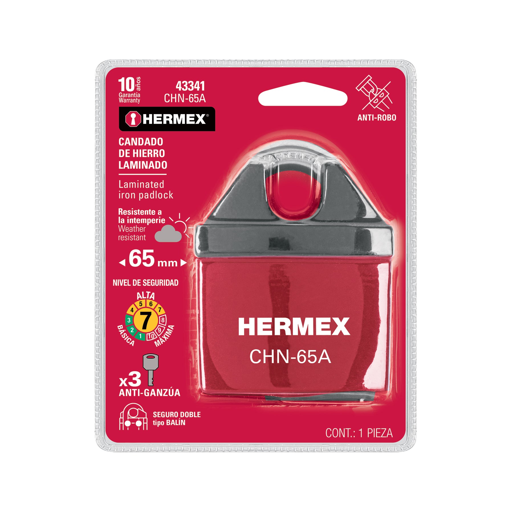 Candado de hierro 65 mm, gancho protegido, llave de disco