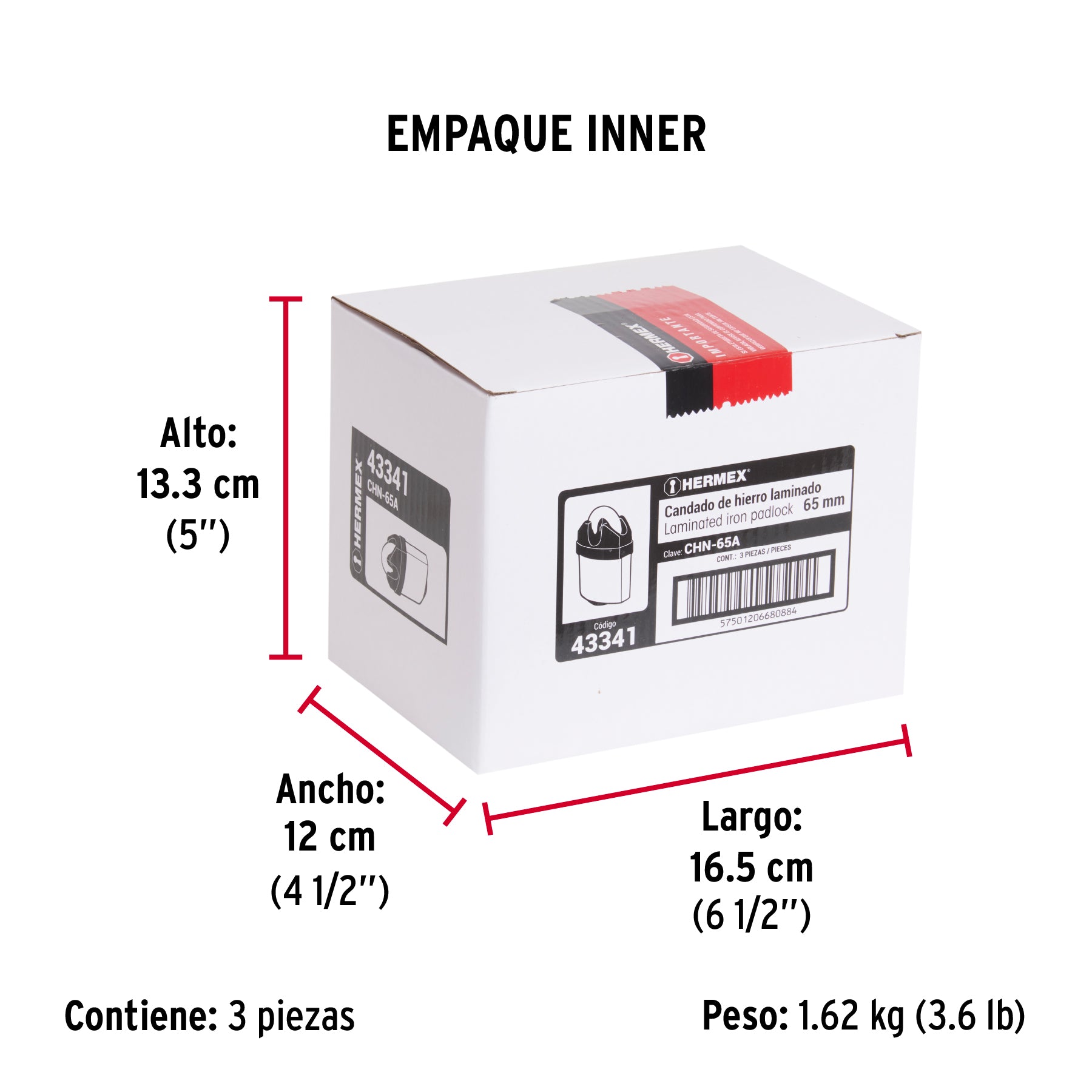 Candado de hierro 65 mm, gancho protegido, llave de disco - Empaque
