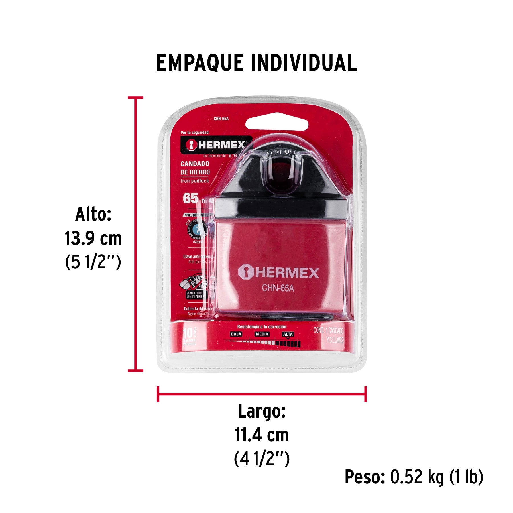 Candado de hierro 65 mm, gancho protegido, llave de disco - Empaque