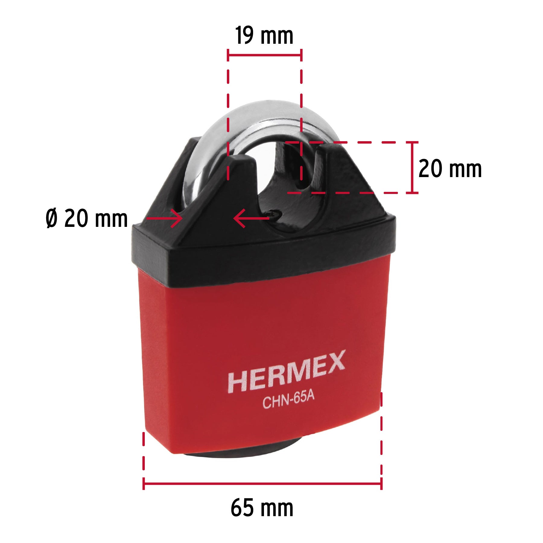 Candado de hierro 65 mm, gancho protegido, llave de disco