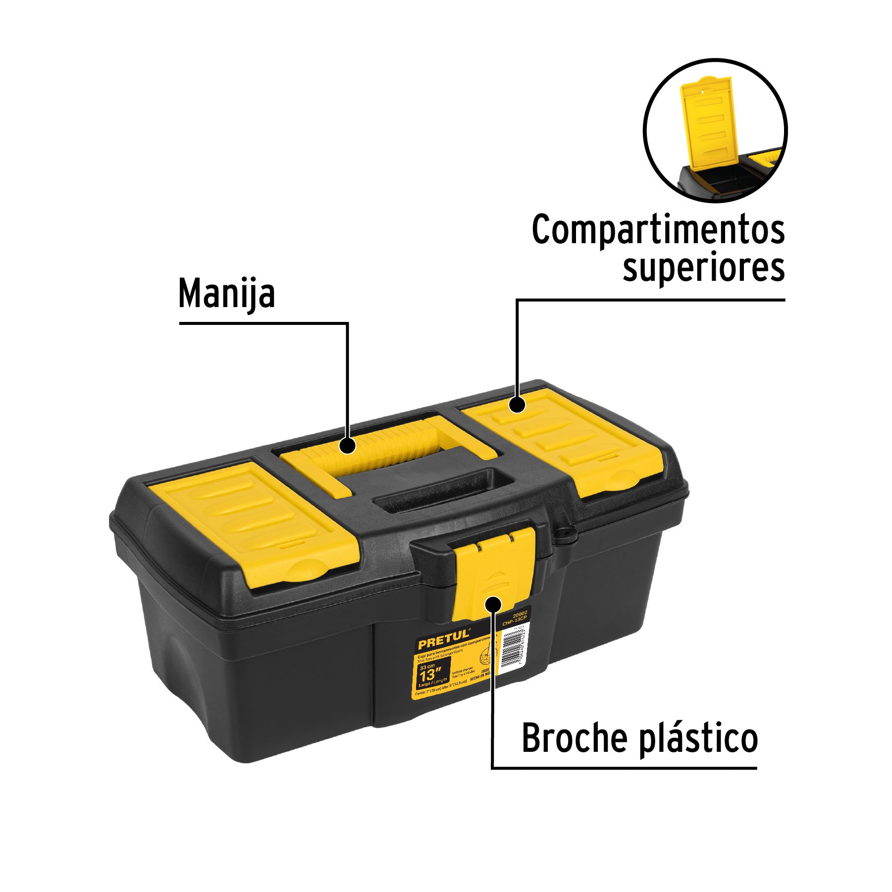 Caja para herramienta de 13" con compartimentos, PRETUL