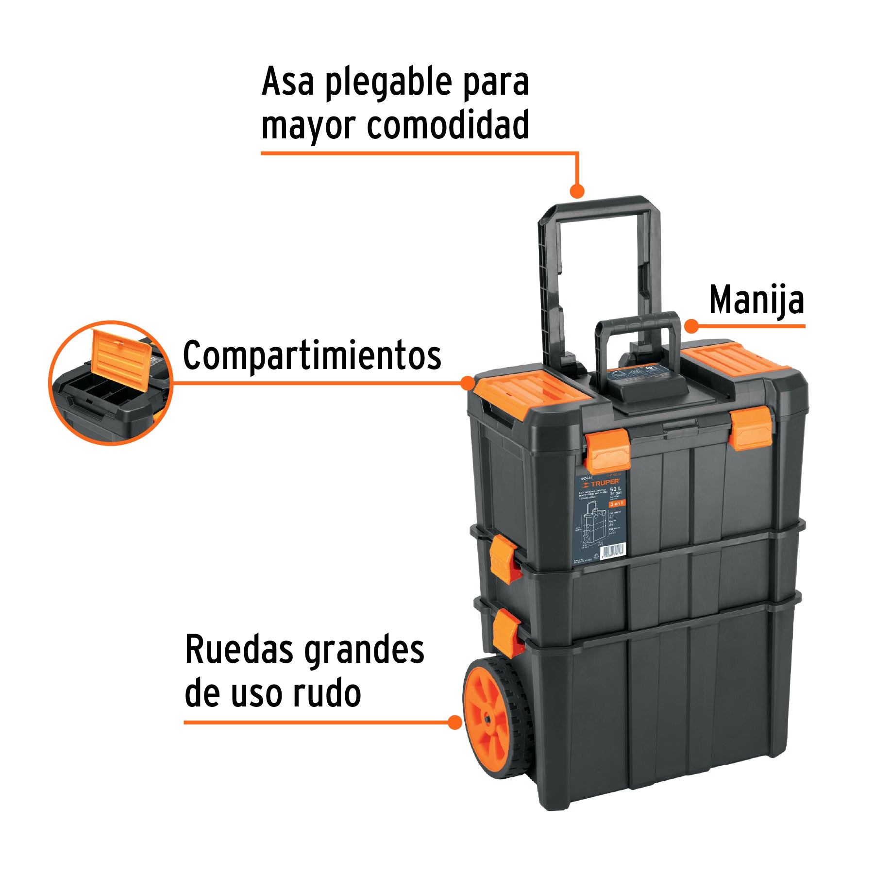 Caja para herramienta,19"x25" con ruedas, 3 en 1 desmontable