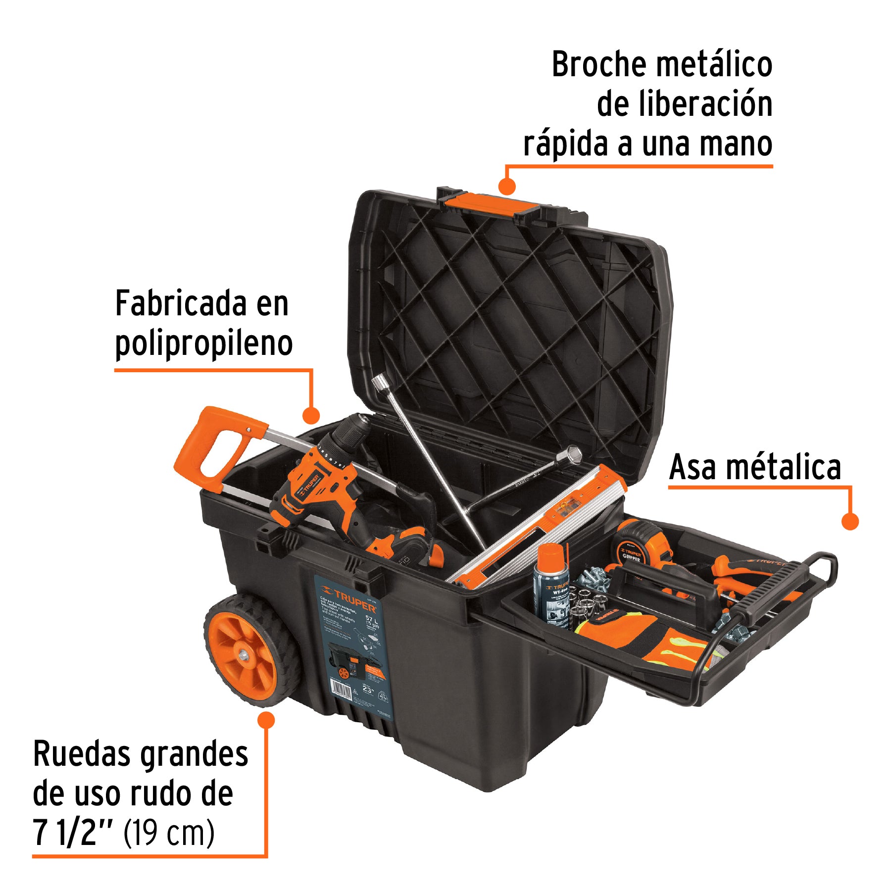 Caja para herramienta, 23"x17" con ruedas, mango telescópico