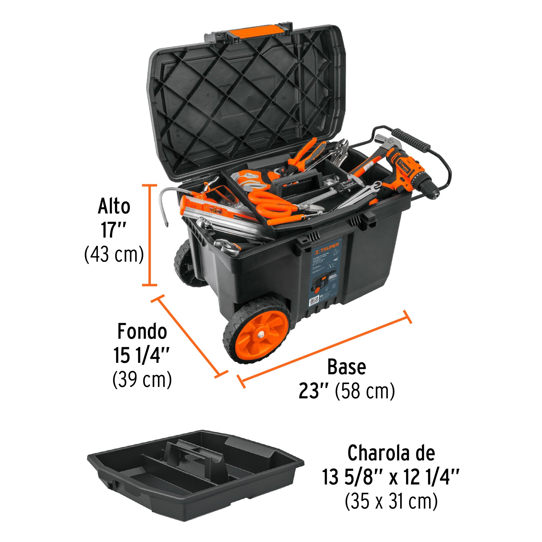 Caja para herramienta, 23"x17" con ruedas, mango telescópico