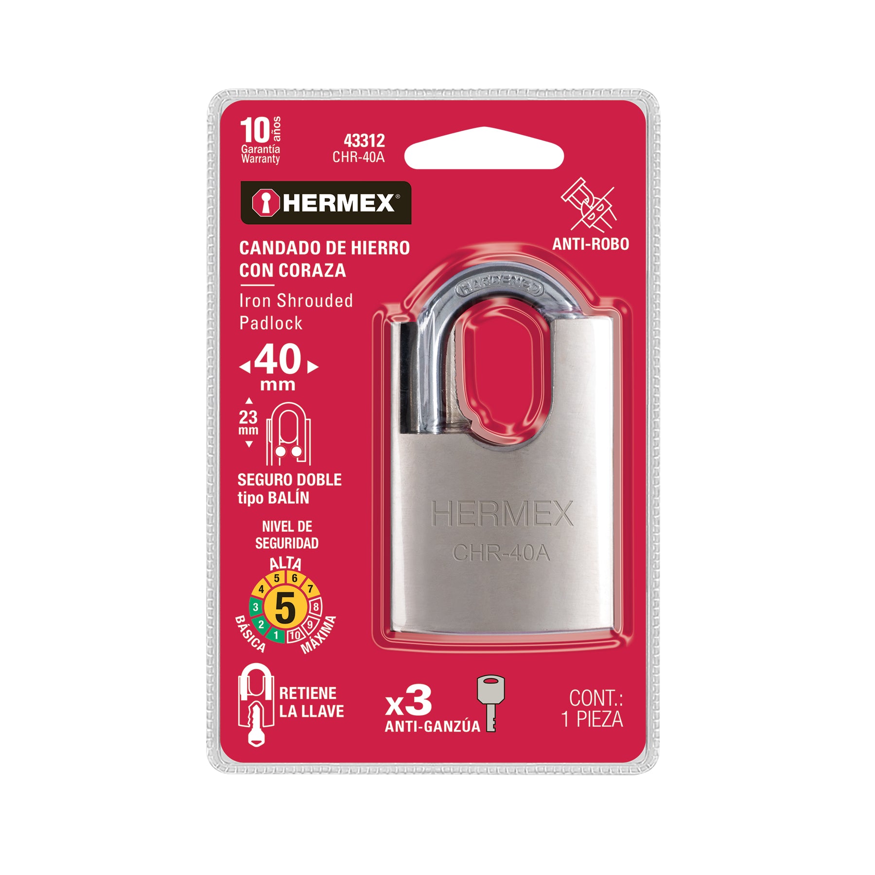 Candado de hierro 40 mm con coraza, llave de disco, HERMEX