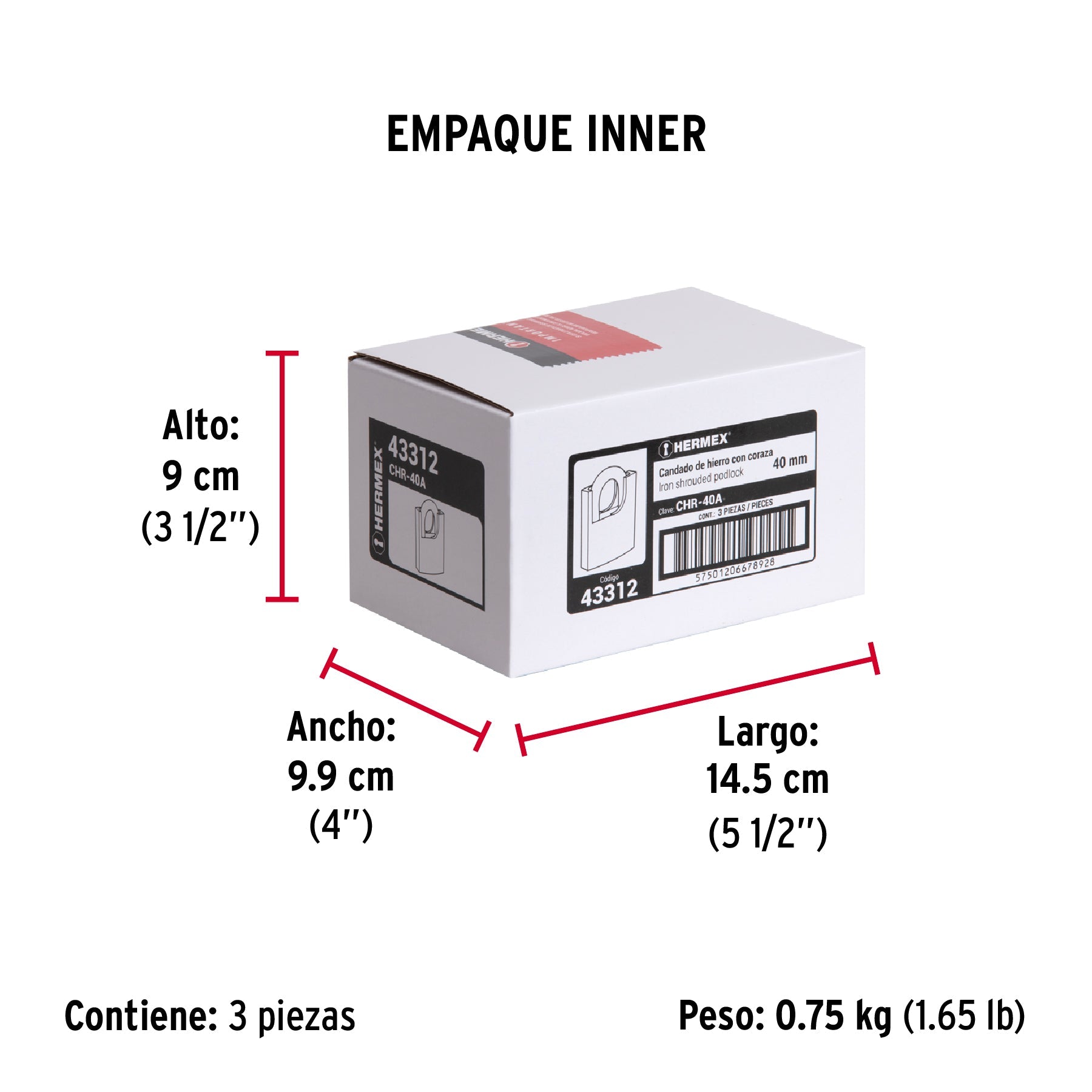 Candado de hierro 40 mm con coraza, llave de disco, HERMEX - Empaque