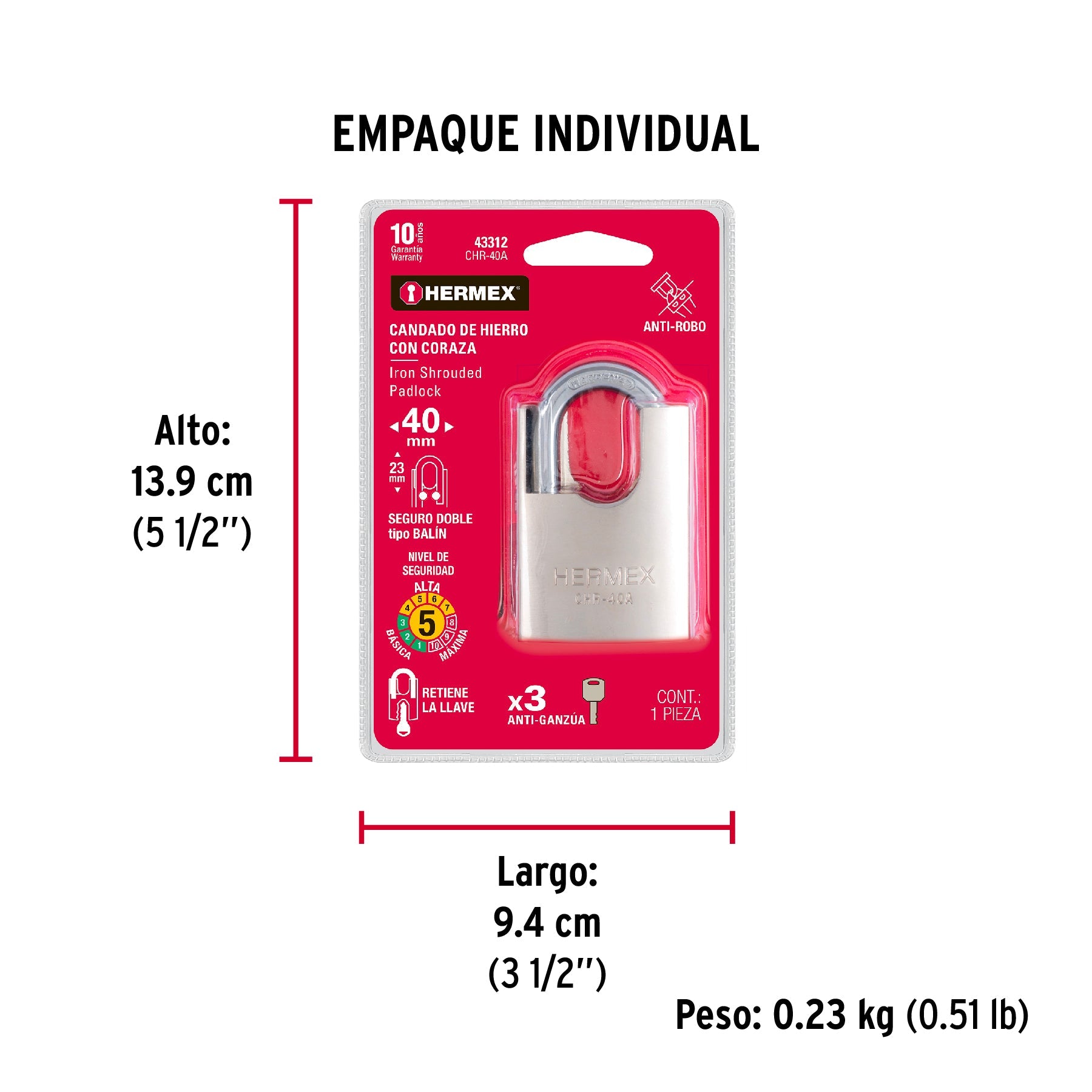 Candado de hierro 40 mm con coraza, llave de disco, HERMEX - Empaque