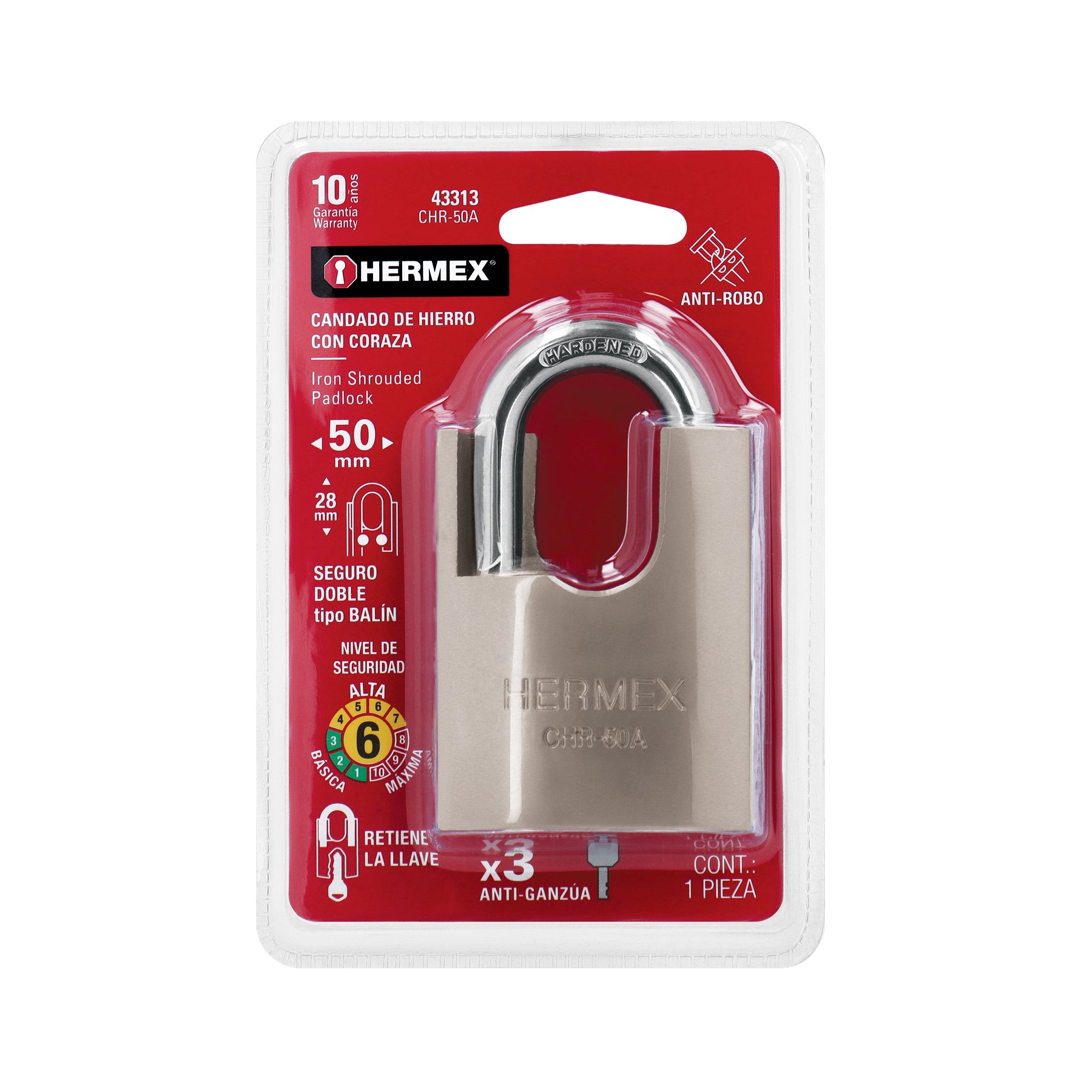 Candado de hierro 50 mm con coraza, llave de disco, HERMEX