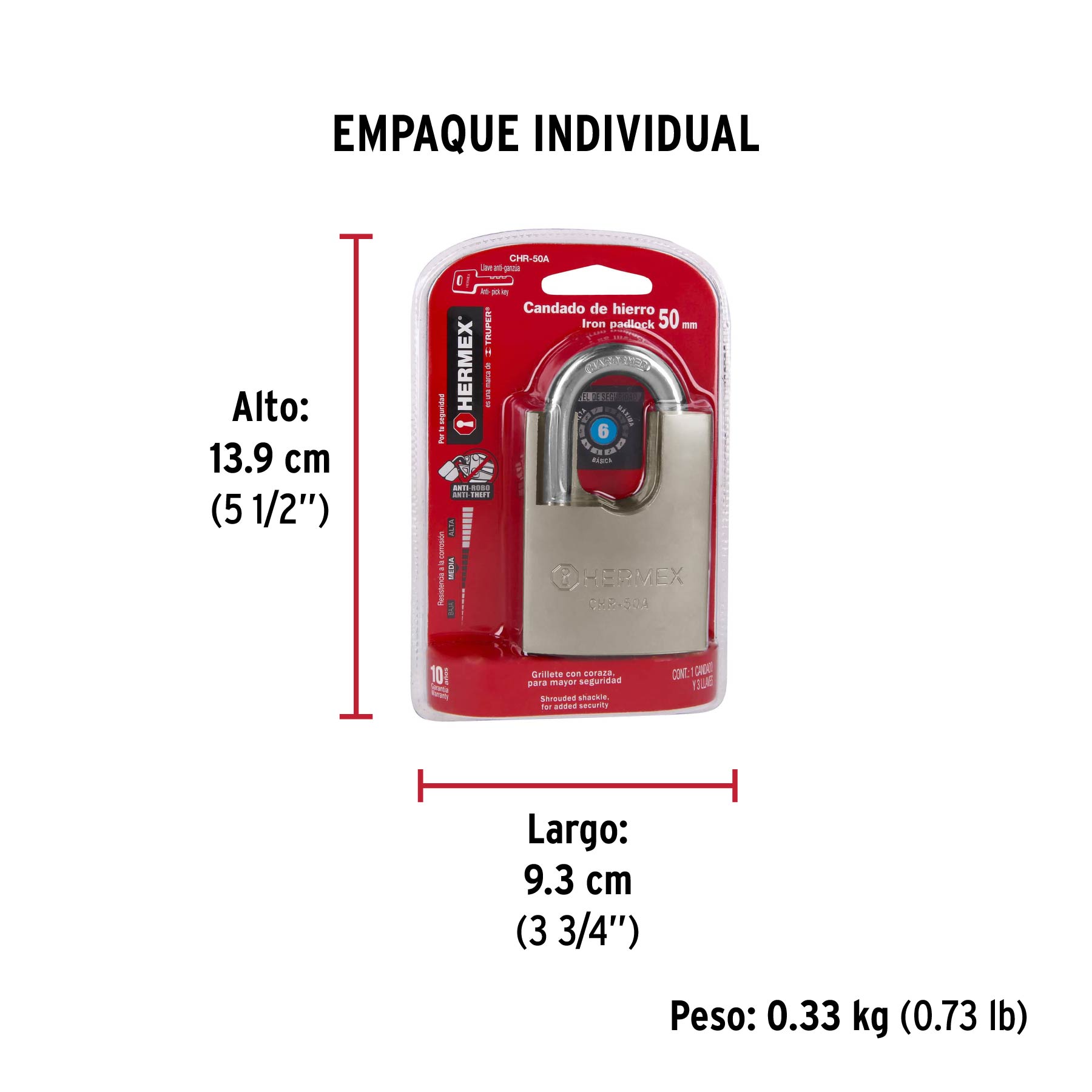 Candado de hierro 50 mm con coraza, llave de disco, HERMEX - Empaque