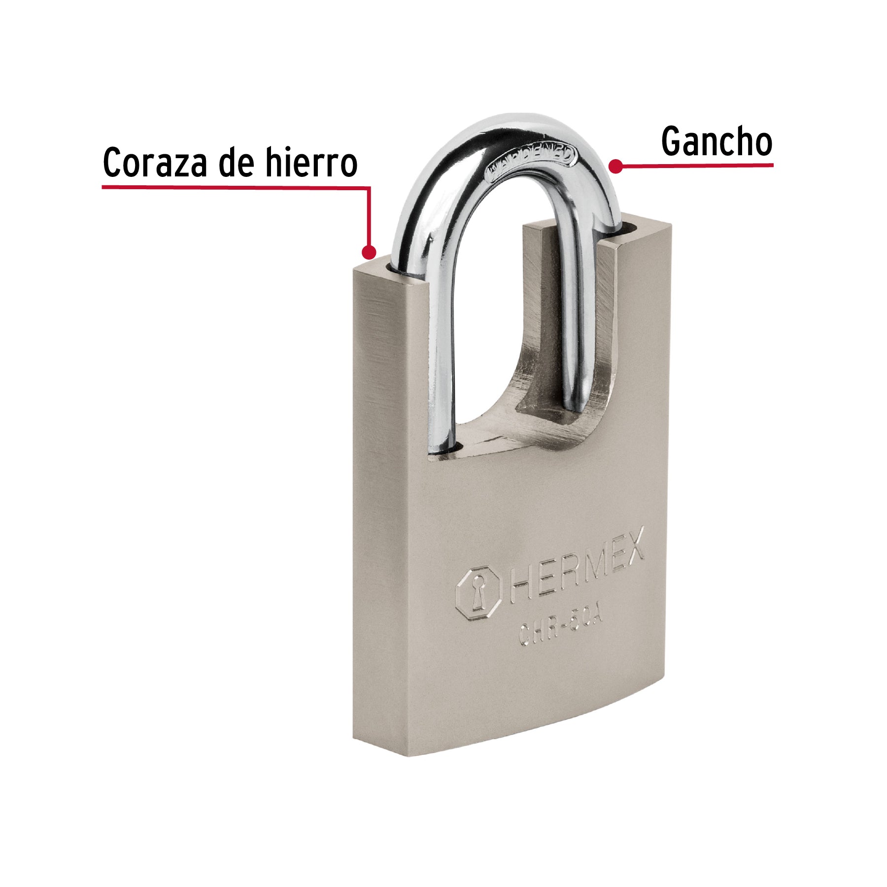 Candado de hierro 50 mm con coraza, llave de disco, HERMEX