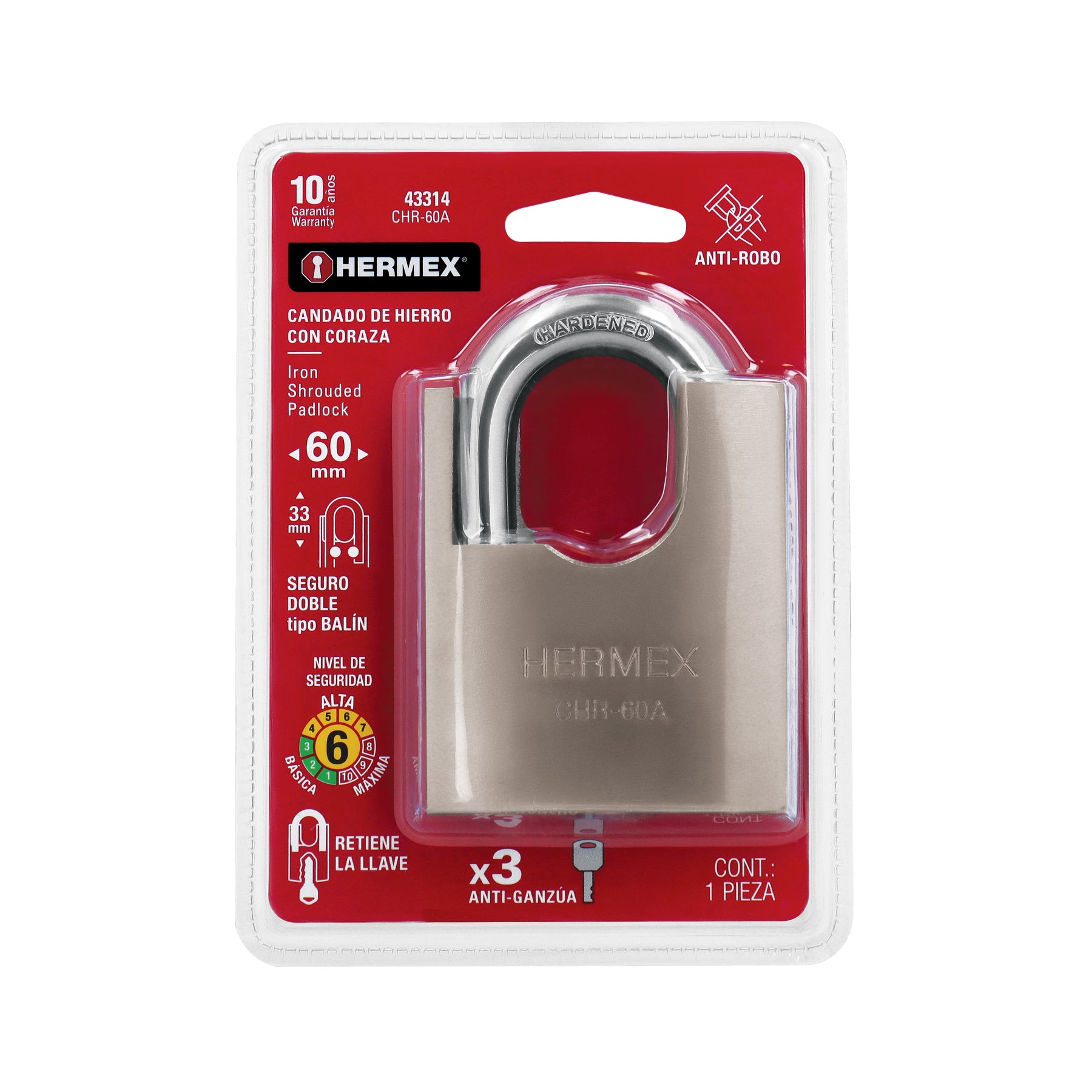 Candado de hierro 60 mm con coraza, llave de disco, HERMEX