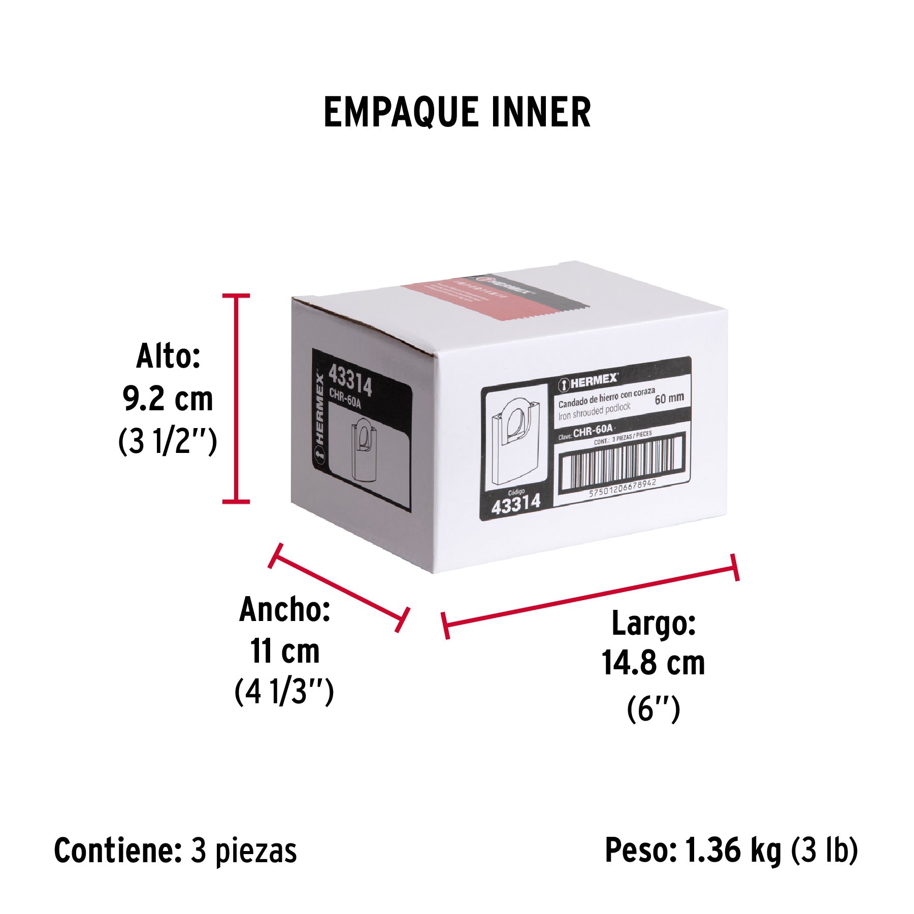Candado de hierro 60 mm con coraza, llave de disco, HERMEX - Empaque