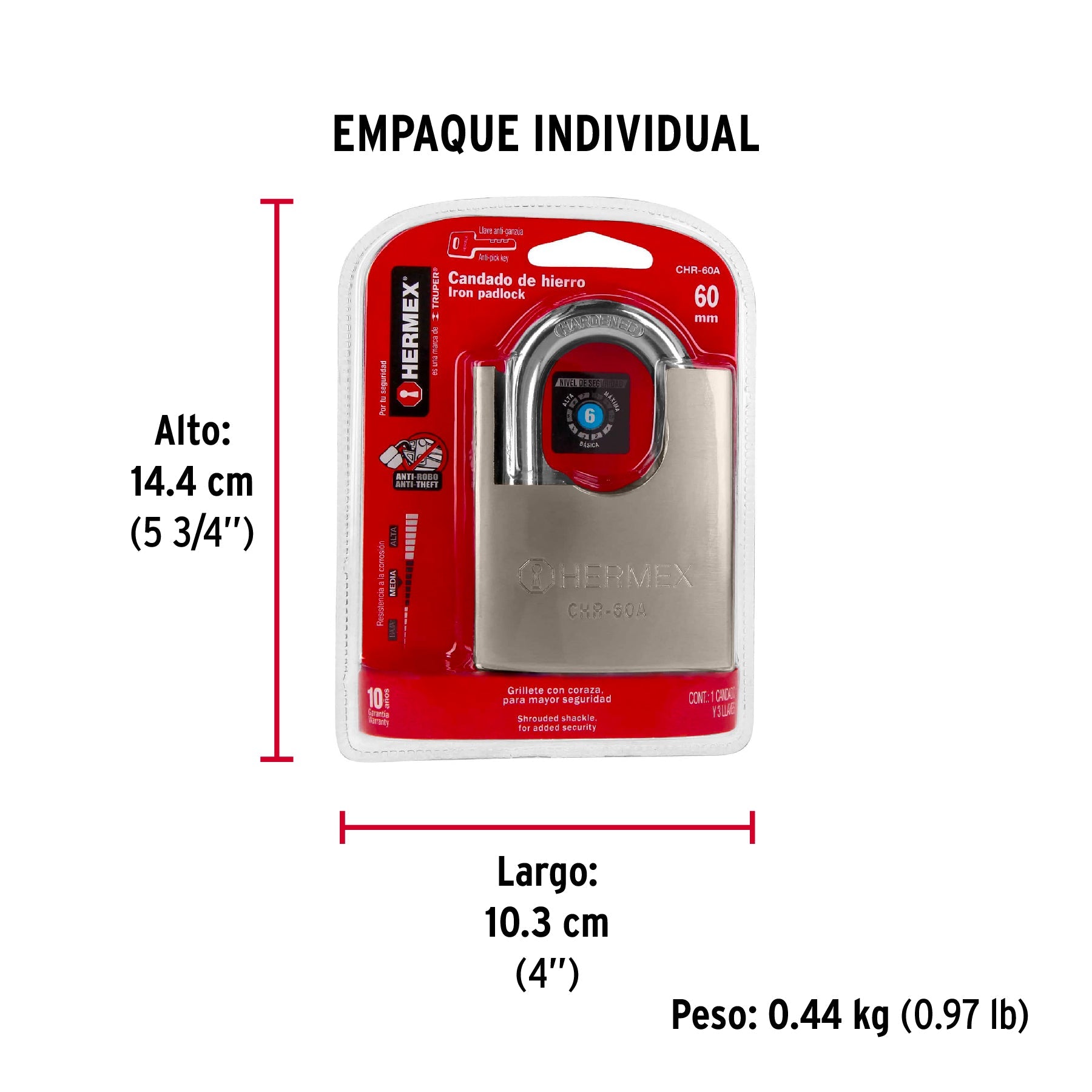 Candado de hierro 60 mm con coraza, llave de disco, HERMEX - Empaque