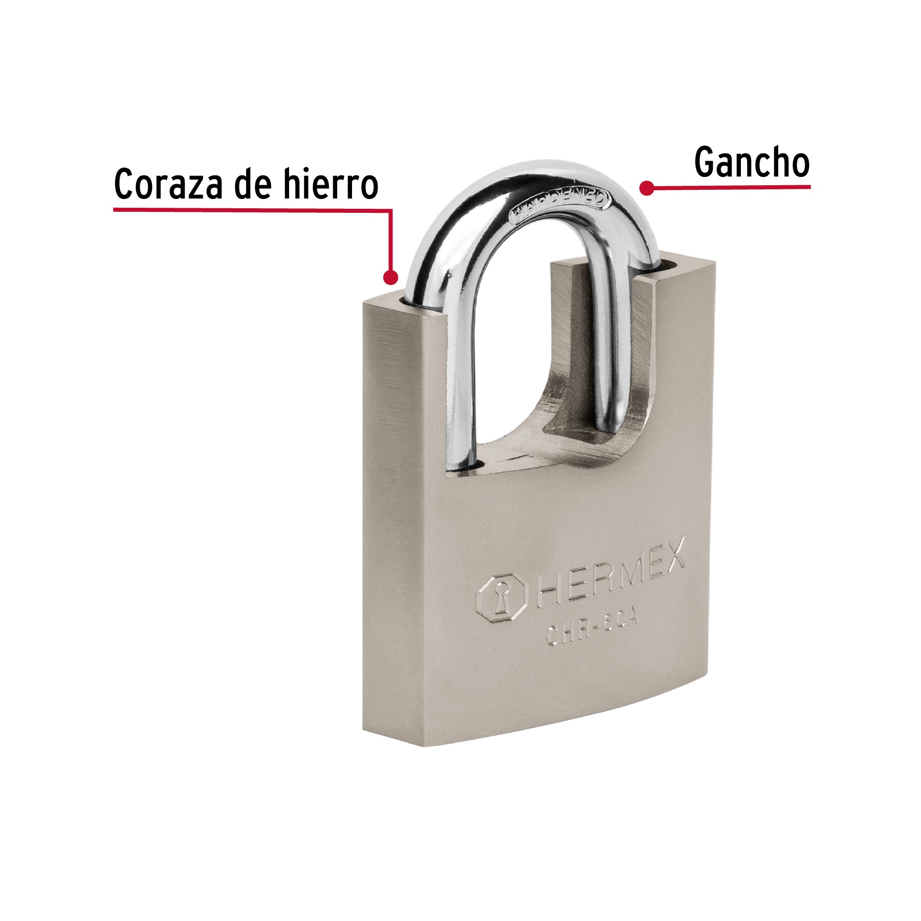 Candado de hierro 60 mm con coraza, llave de disco, HERMEX