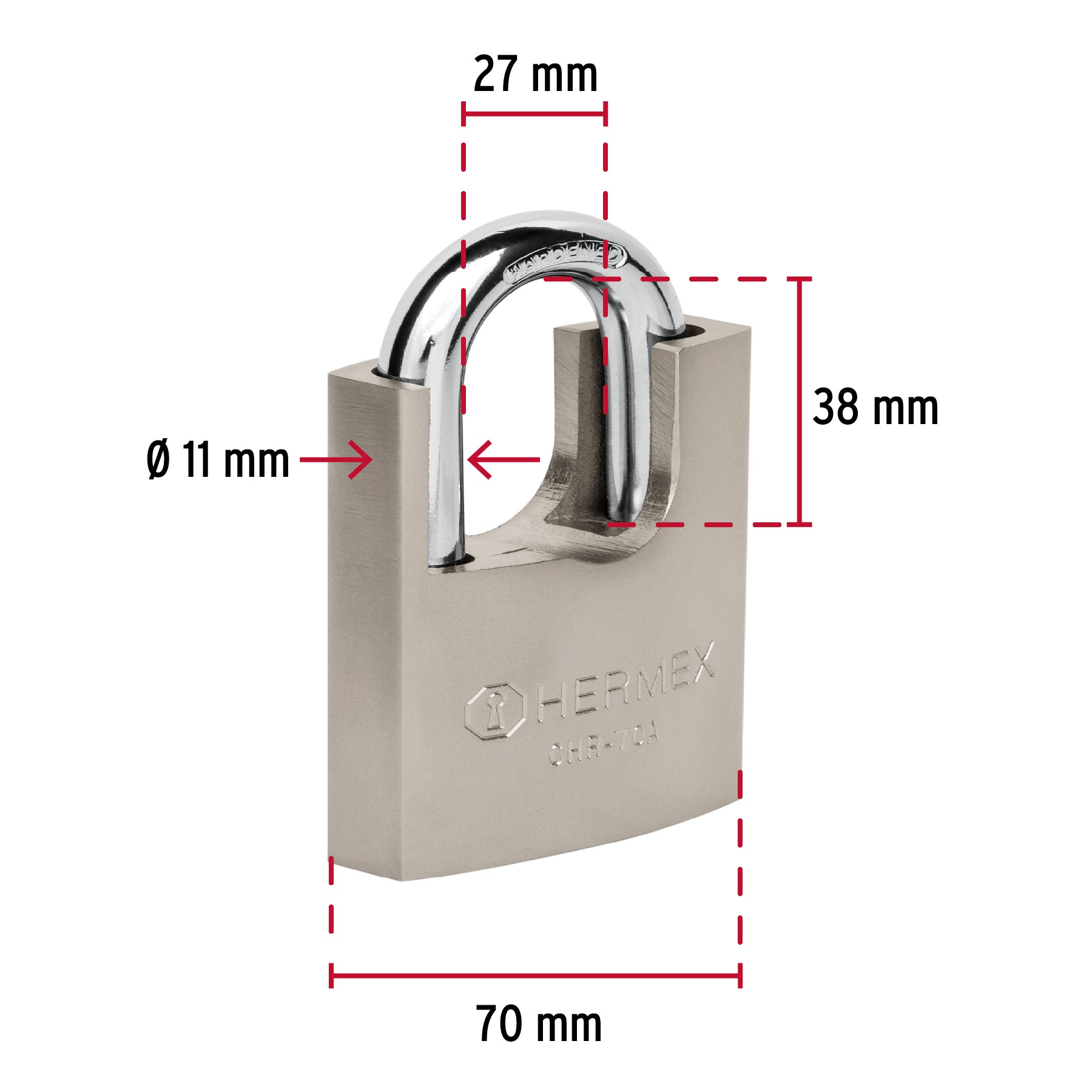 Candado de hierro 70 mm con coraza, llave de disco, HERMEX