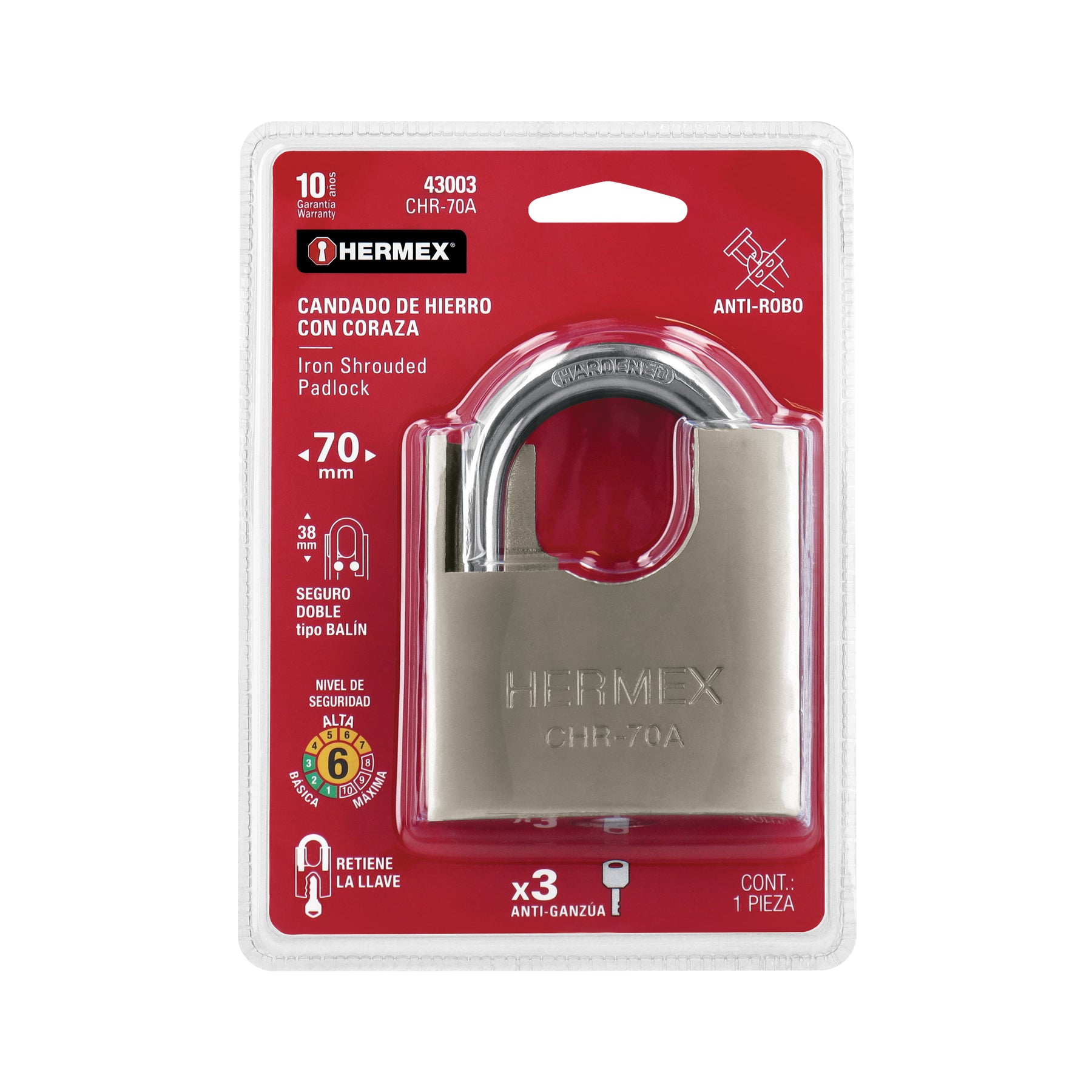 Candado de hierro 70 mm con coraza, llave de disco, HERMEX