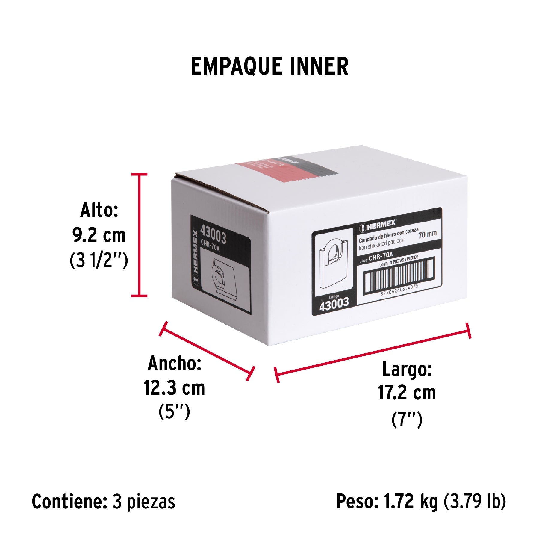 Candado de hierro 70 mm con coraza, llave de disco, HERMEX - Empaque
