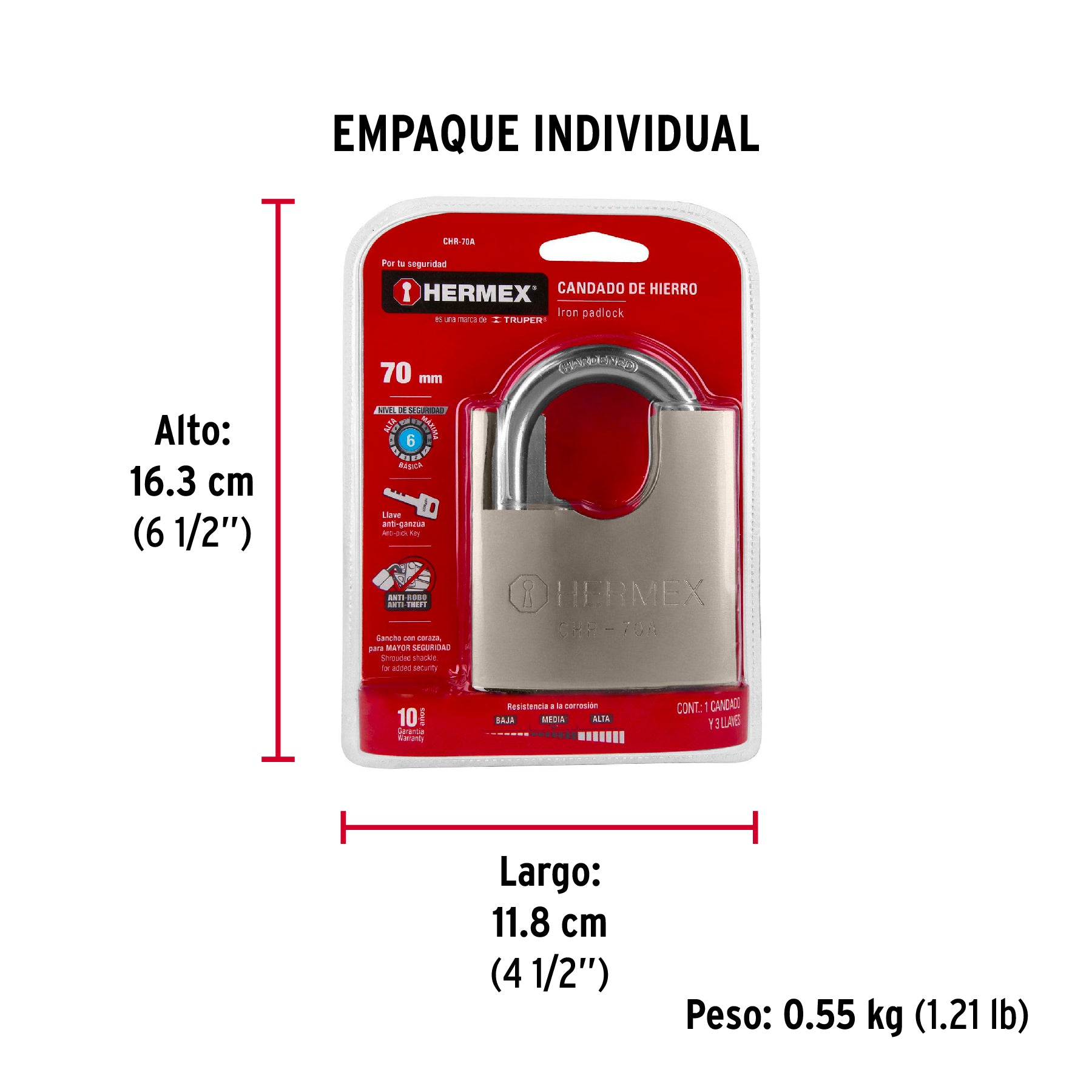 Candado de hierro 70 mm con coraza, llave de disco, HERMEX - Empaque