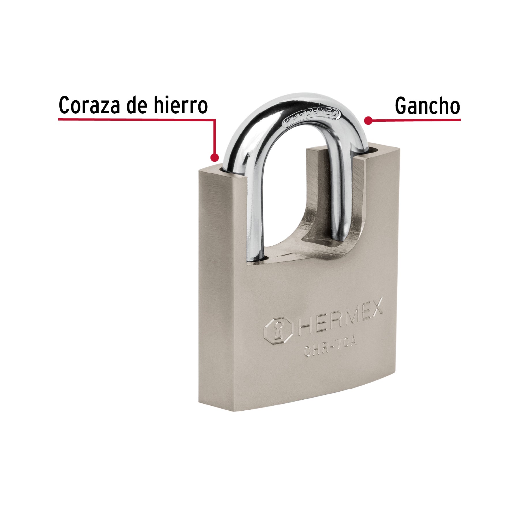 Candado de hierro 70 mm con coraza, llave de disco, HERMEX