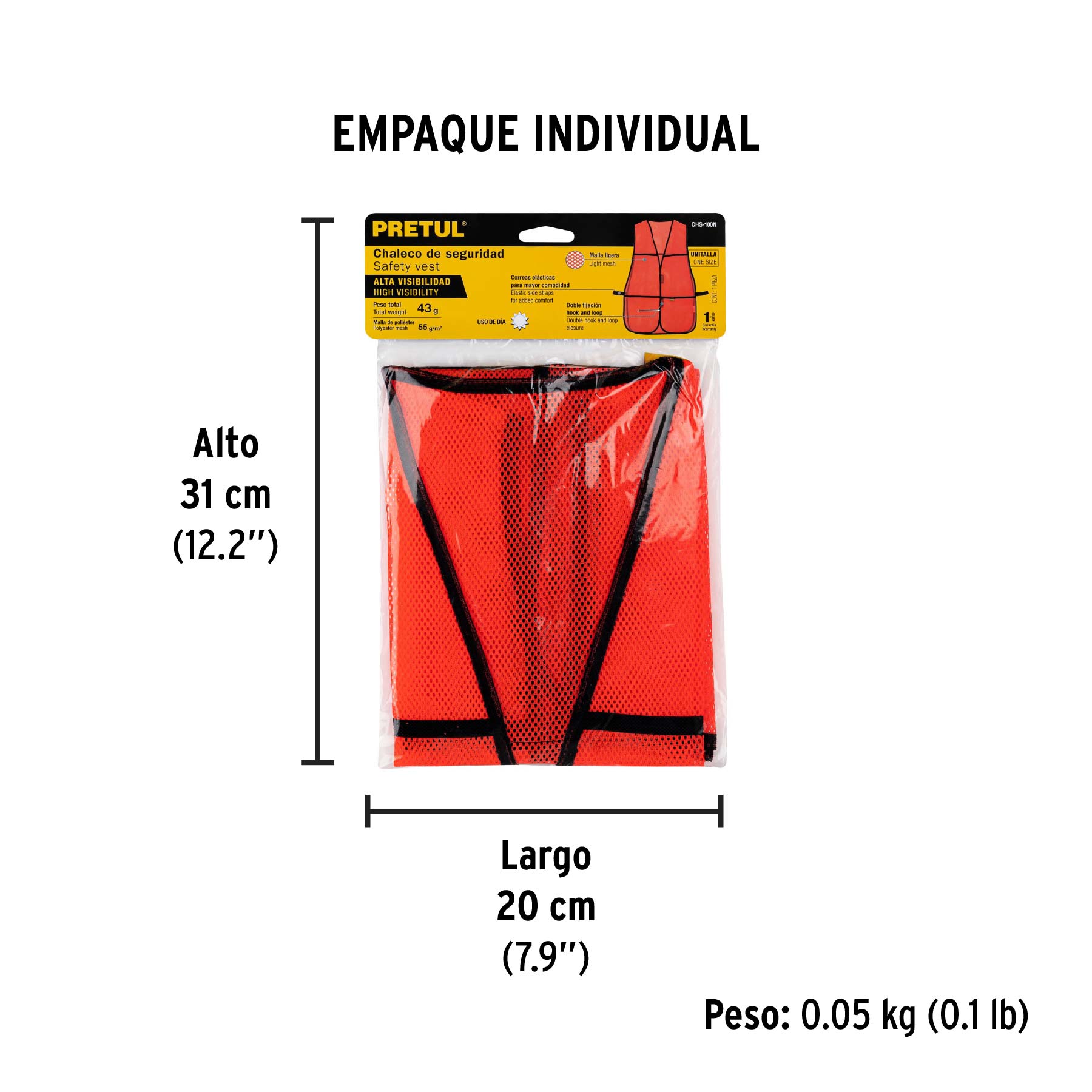 Chaleco de seguridad, uso de día, naranja, PRETUL - Empaque