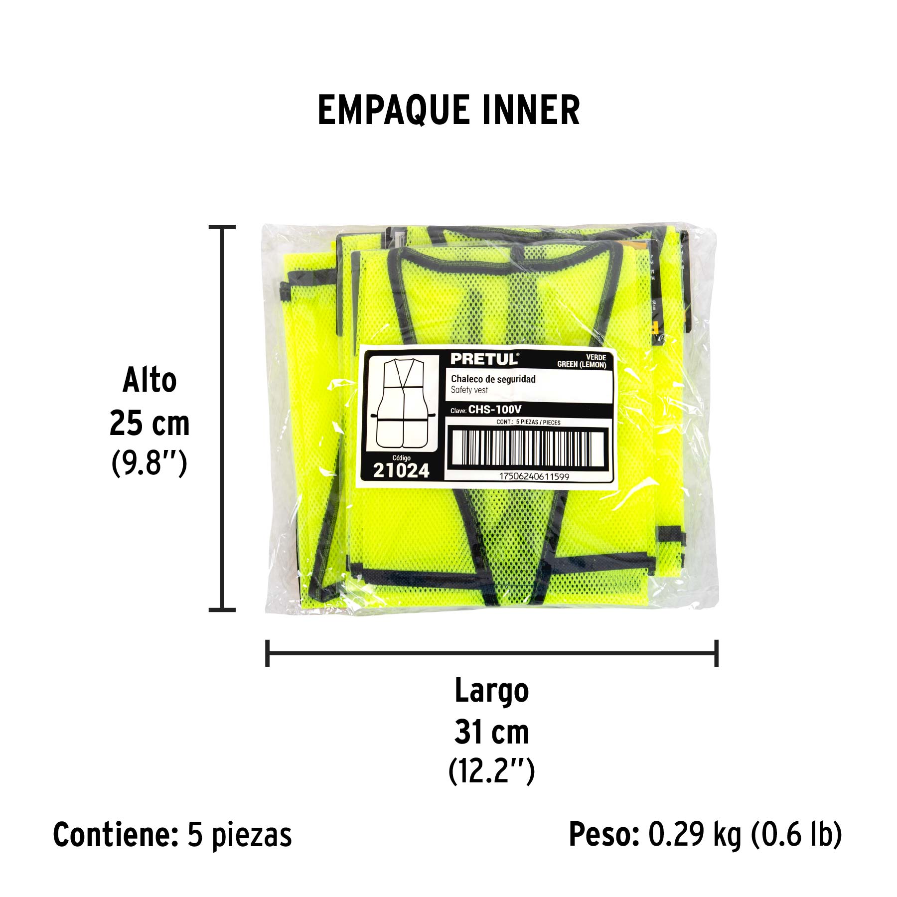 Chaleco de seguridad, uso de día, verde, PRETUL - Empaque