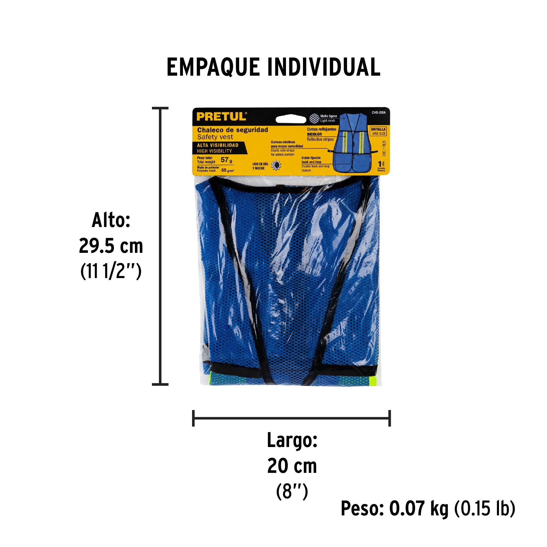 Chaleco de seguridad con cintas reflejantes, azul, PRETUL - Empaque