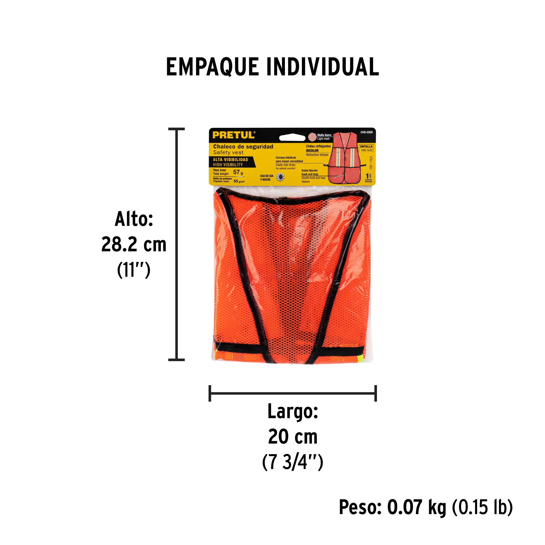 Chaleco de seguridad con cintas reflejantes, naranja, PRETUL - Empaque