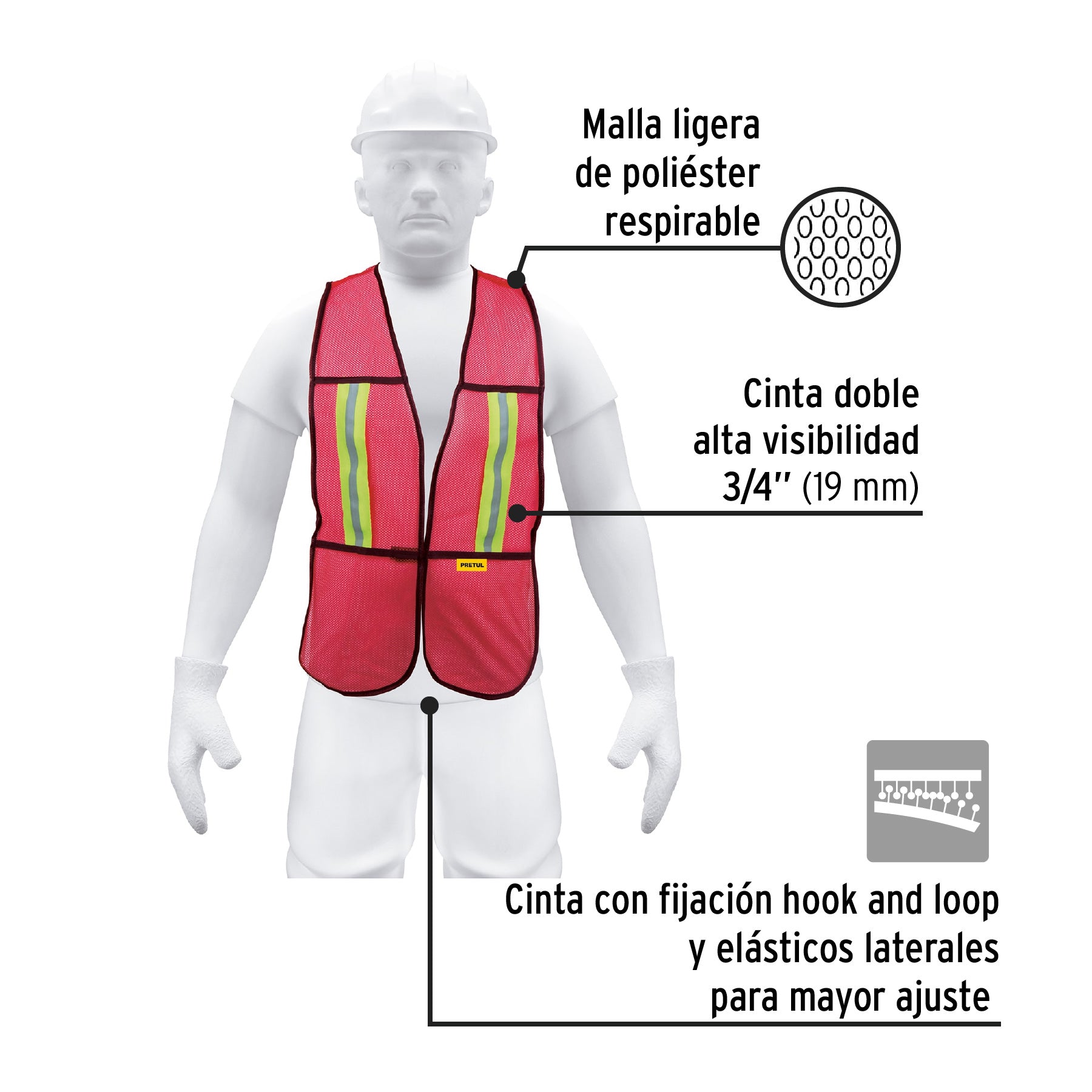Chaleco de seguridad con cintas reflejantes, rojo, PRETUL